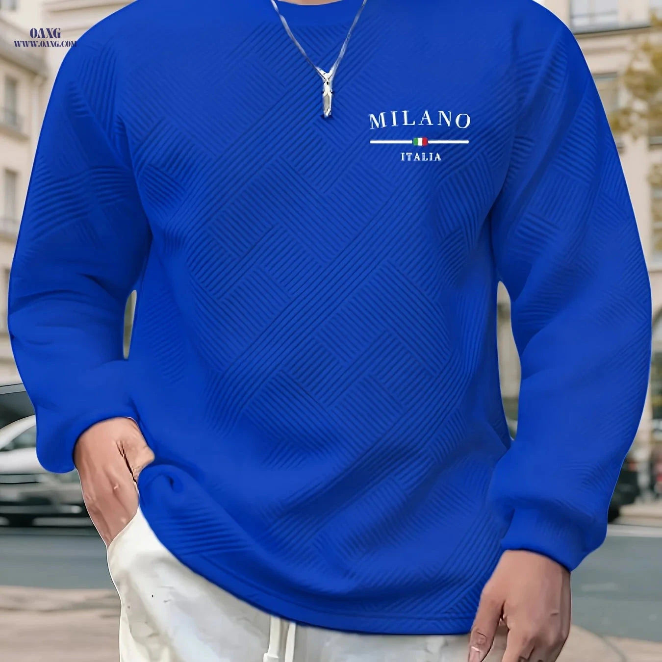 Men’s Casual Long-Sleeve Sweatshirt - Heavy Jacquard, Crew Neck   OAXG White / FR S