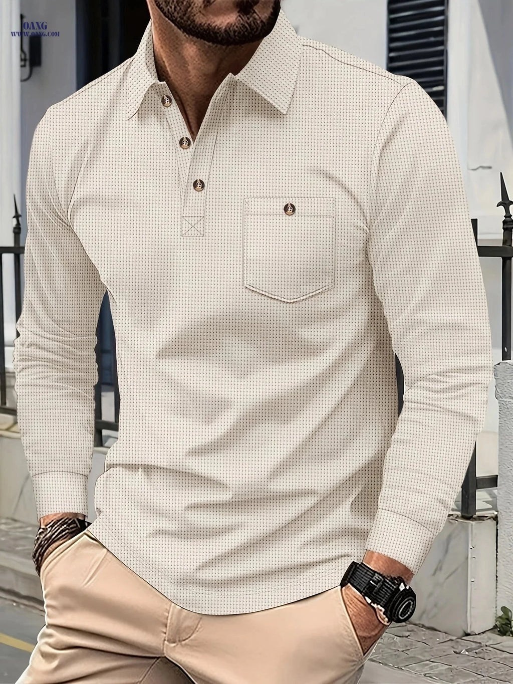 Men's Casual Long Sleeve Waffle Polo Shirt - Premium Polyester Fabric   OAXG 