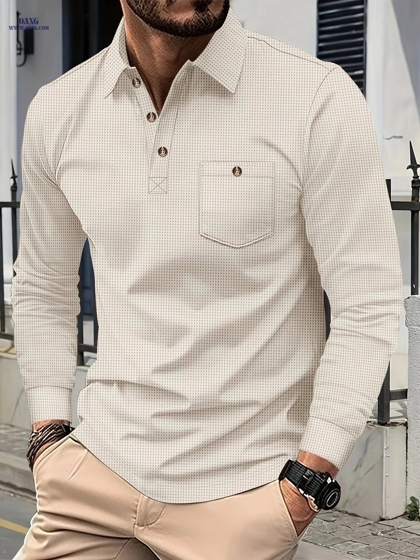 Men's Casual Long Sleeve Waffle Polo Shirt - Premium Polyester Fabric   OAXG 