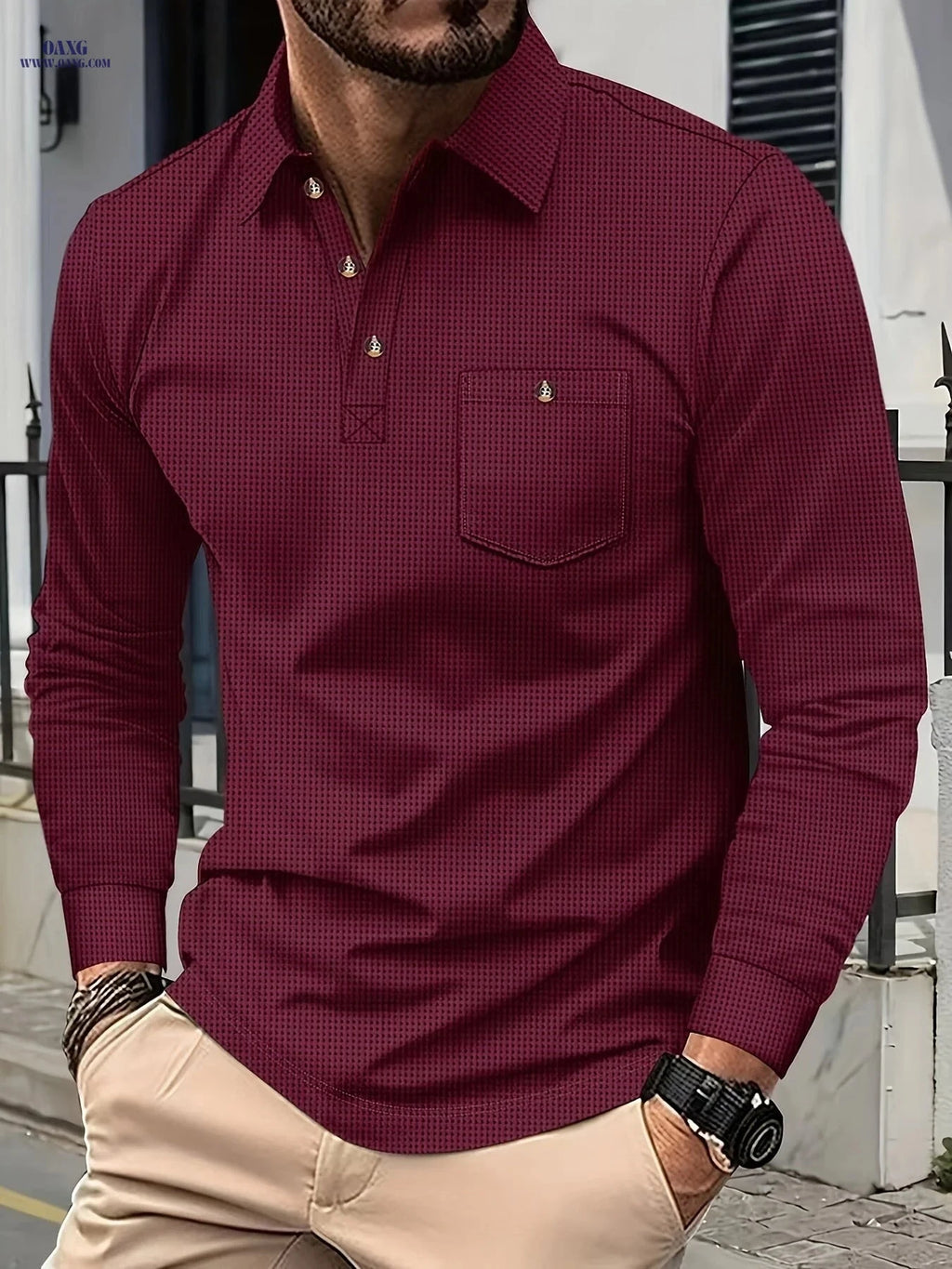 Men's Casual Long Sleeve Waffle Polo Shirt - Premium Polyester Fabric   OAXG Black / FR S