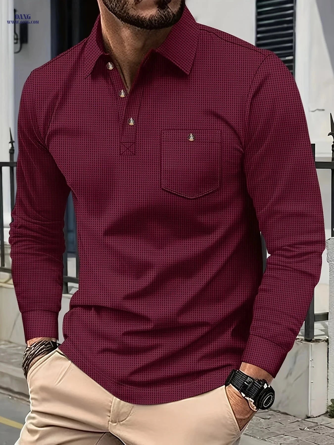 Men's Casual Long Sleeve Waffle Polo Shirt - Premium Polyester Fabric   OAXG Black / FR S
