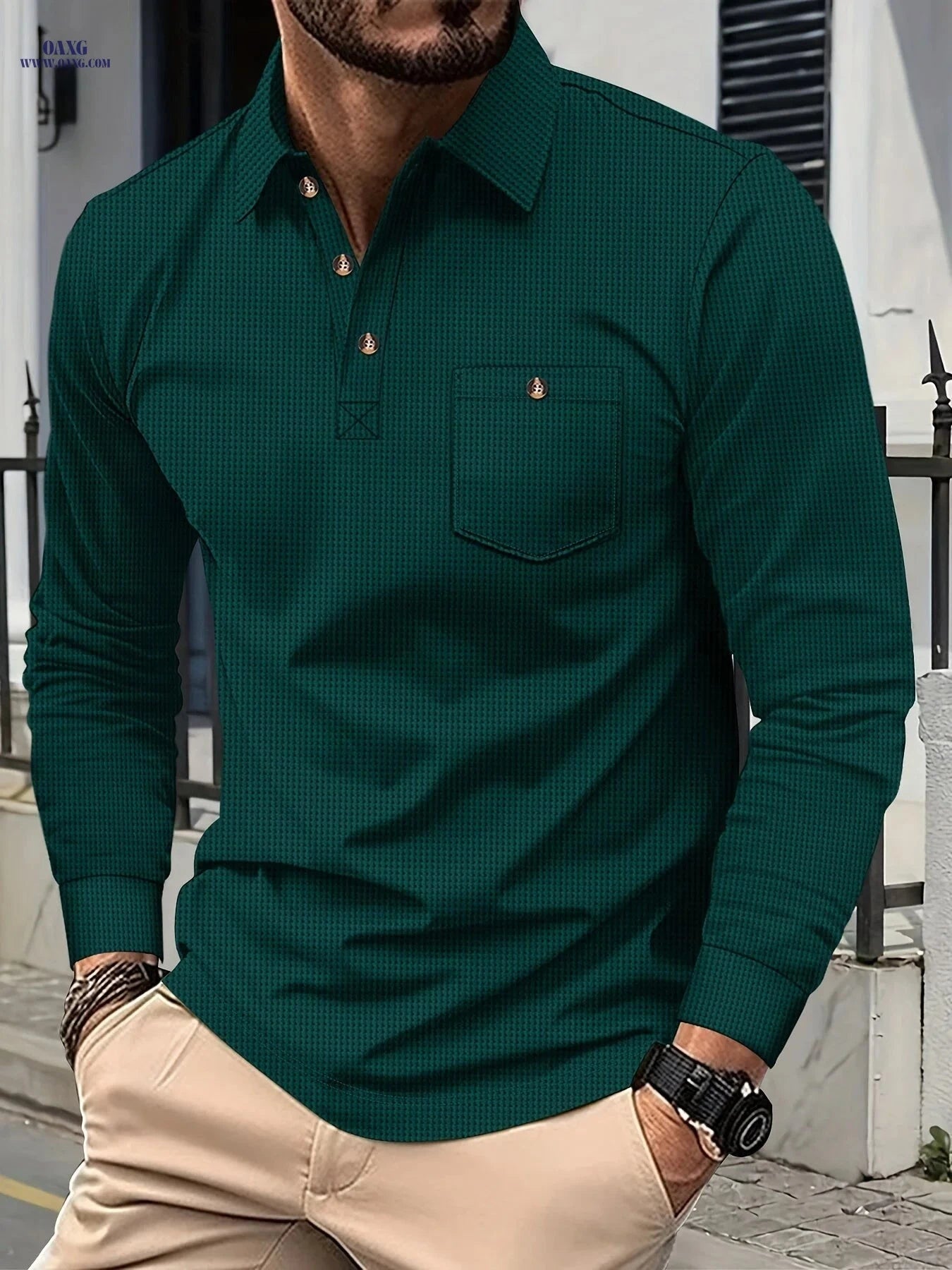 Men's Casual Long Sleeve Waffle Polo Shirt - Premium Polyester Fabric   OAXG Black / FR S