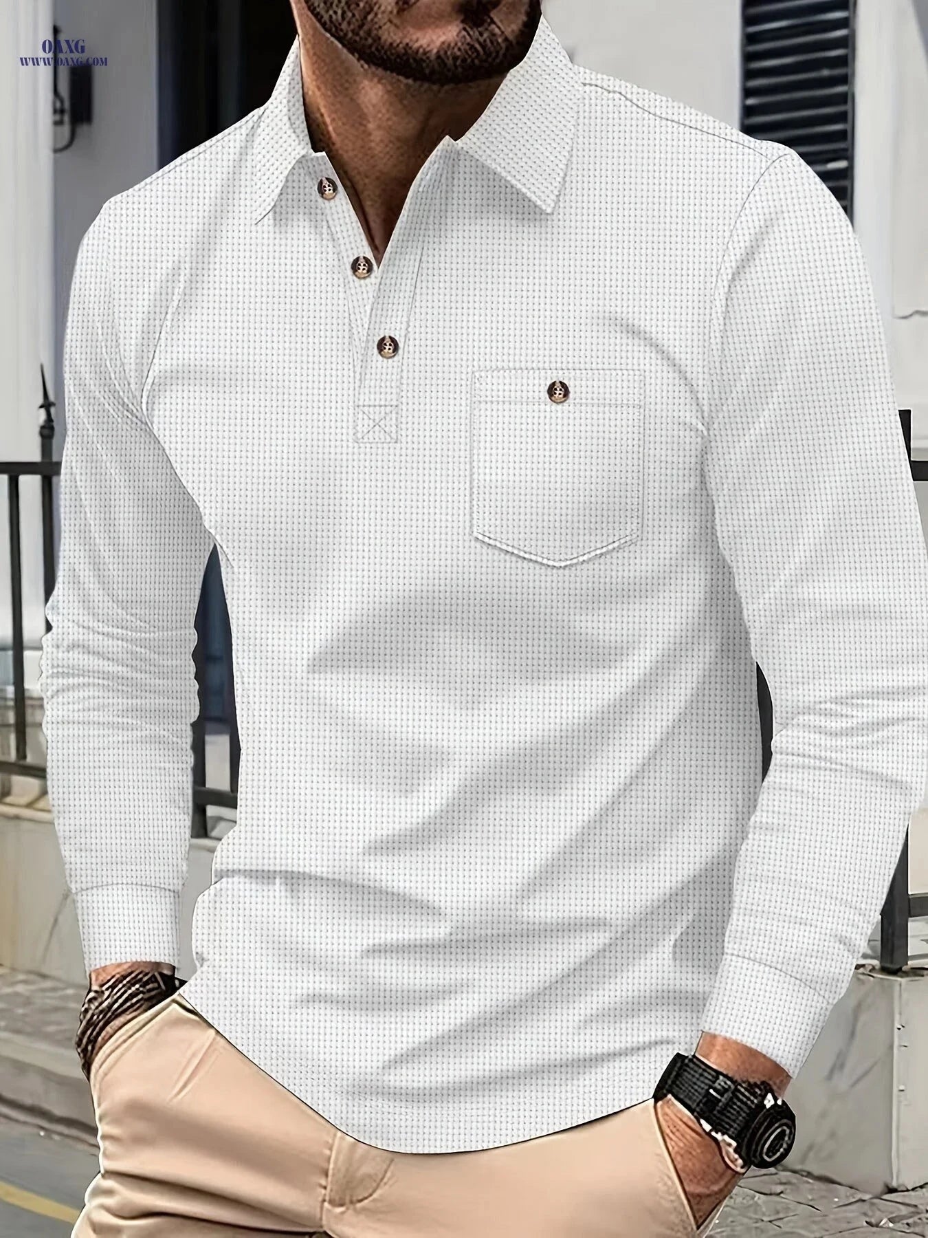 Men's Casual Long Sleeve Waffle Polo Shirt - Premium Polyester Fabric   OAXG Black / FR S