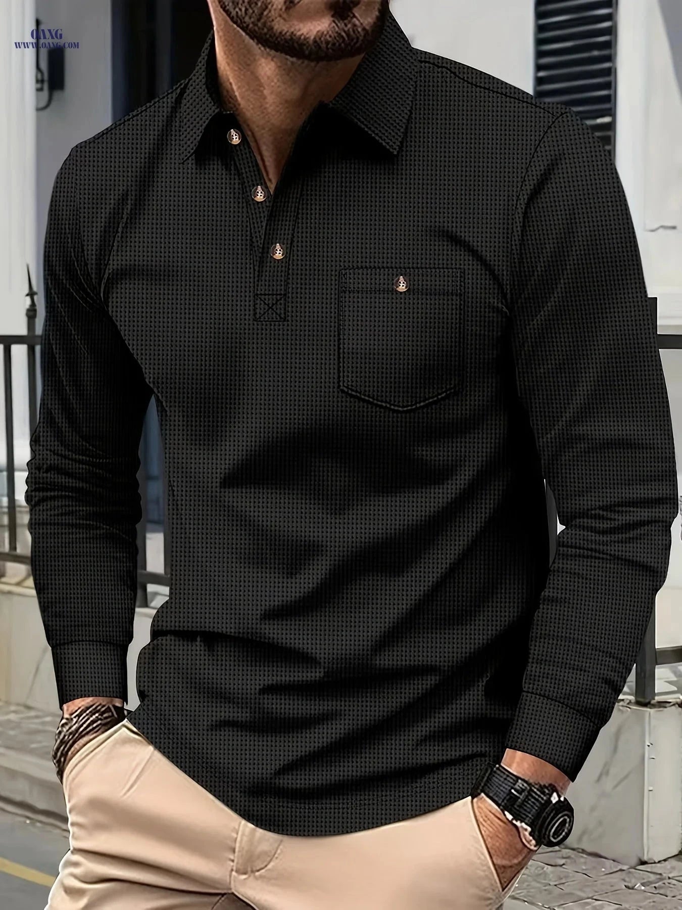 Men's Casual Long Sleeve Waffle Polo Shirt - Premium Polyester Fabric   OAXG 