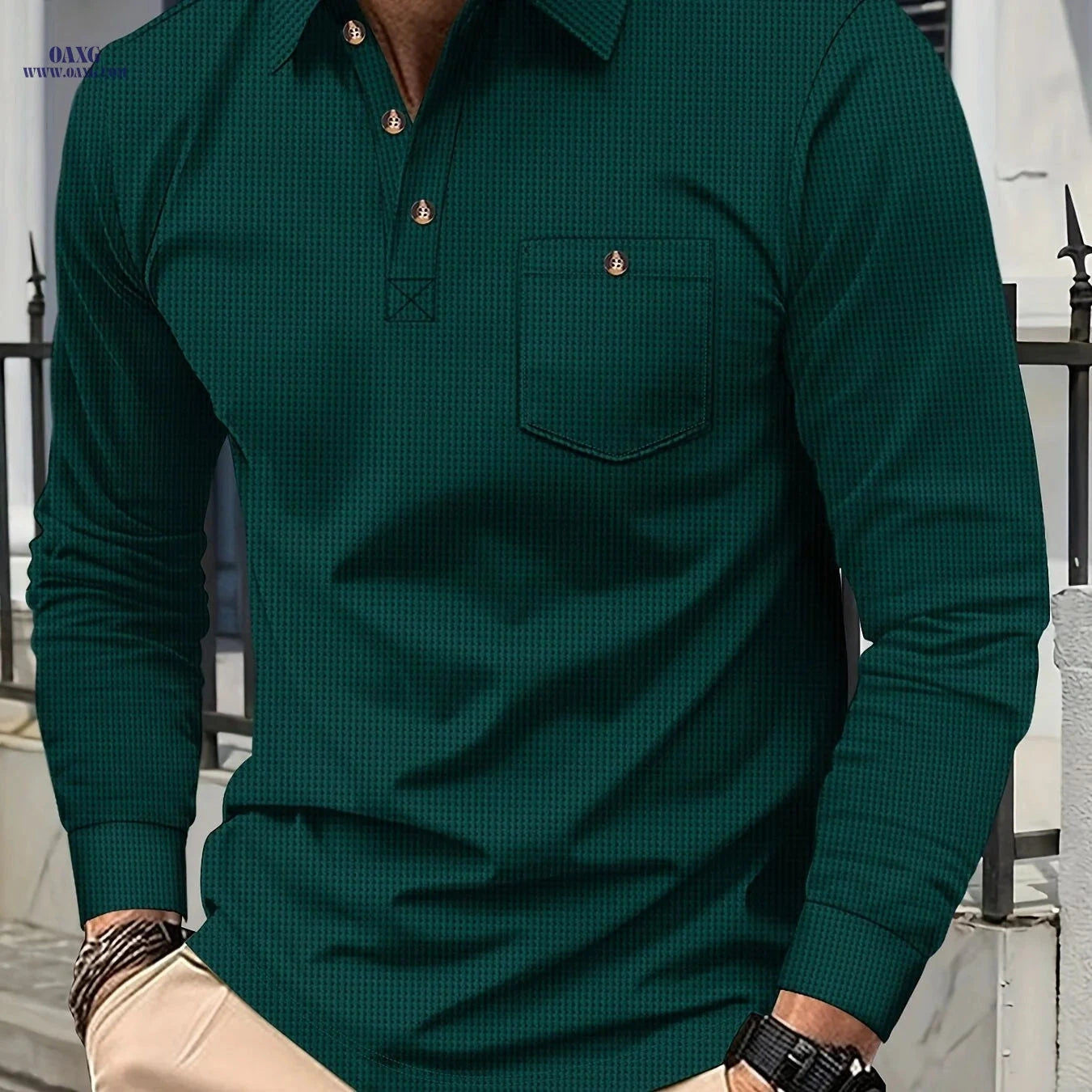 Men's Casual Long Sleeve Waffle Polo Shirt - Premium Polyester Fabric   OAXG 