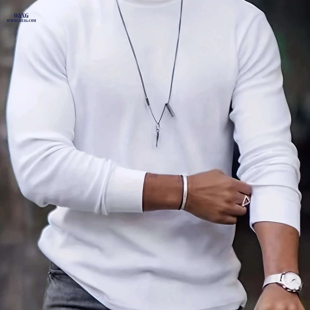 Men's Casual Long Sleeve White T-Shirt - Smooth Texture & Regular Fit   OAXG White / XS