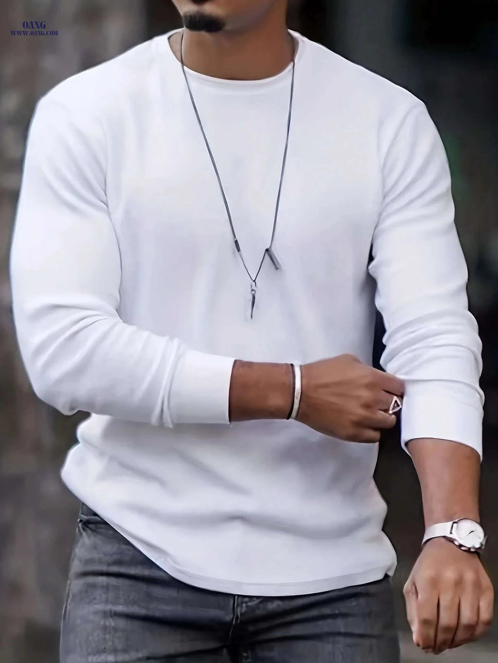 Men's Casual Long Sleeve White T-Shirt - Smooth Texture & Regular Fit   OAXG White / XS