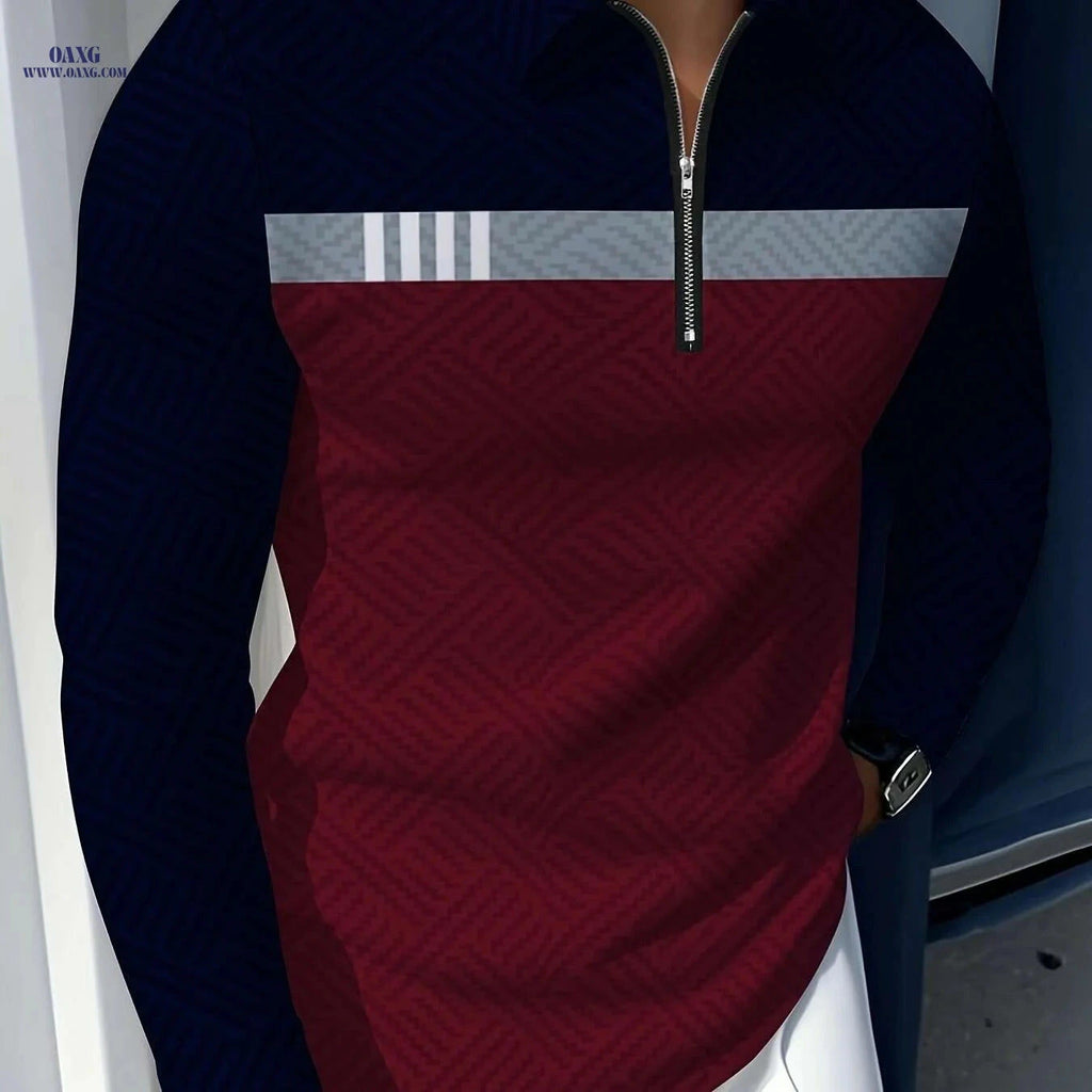 Men's Casual Long Sleeve Zip-Up Polo - Geometric Pattern, All-Season   OAXG 