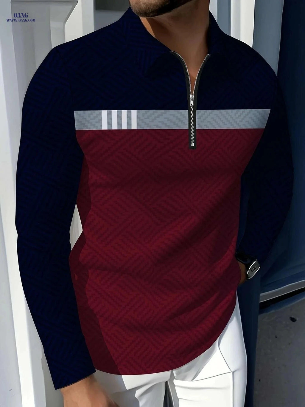 Men's Casual Long Sleeve Zip-Up Polo - Geometric Pattern, All-Season   OAXG Mixed Color / M