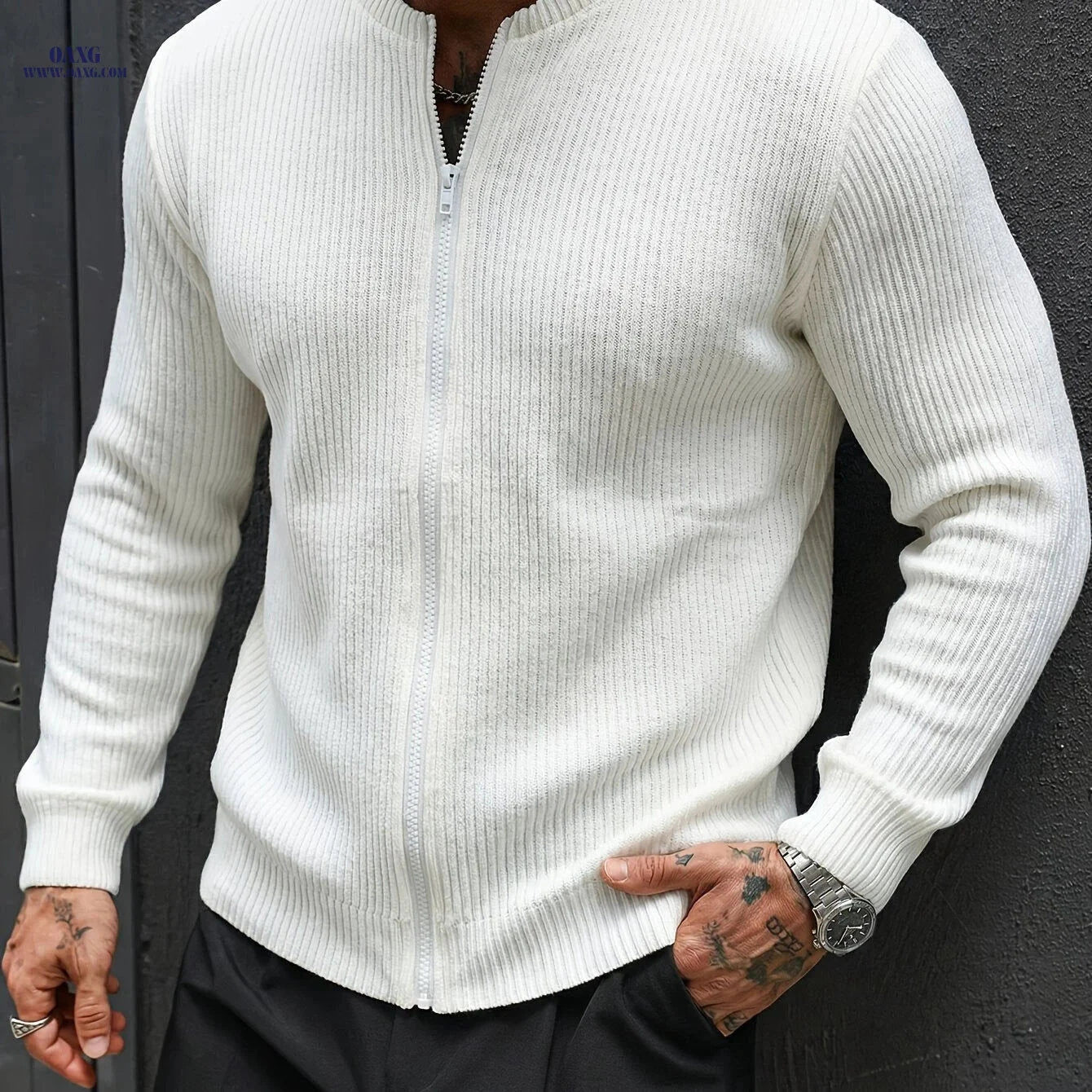 Men's Casual Loose-Fit Corduroy Zip-Up Cardigan - Fall/Winter Style   OAXG White / FR S