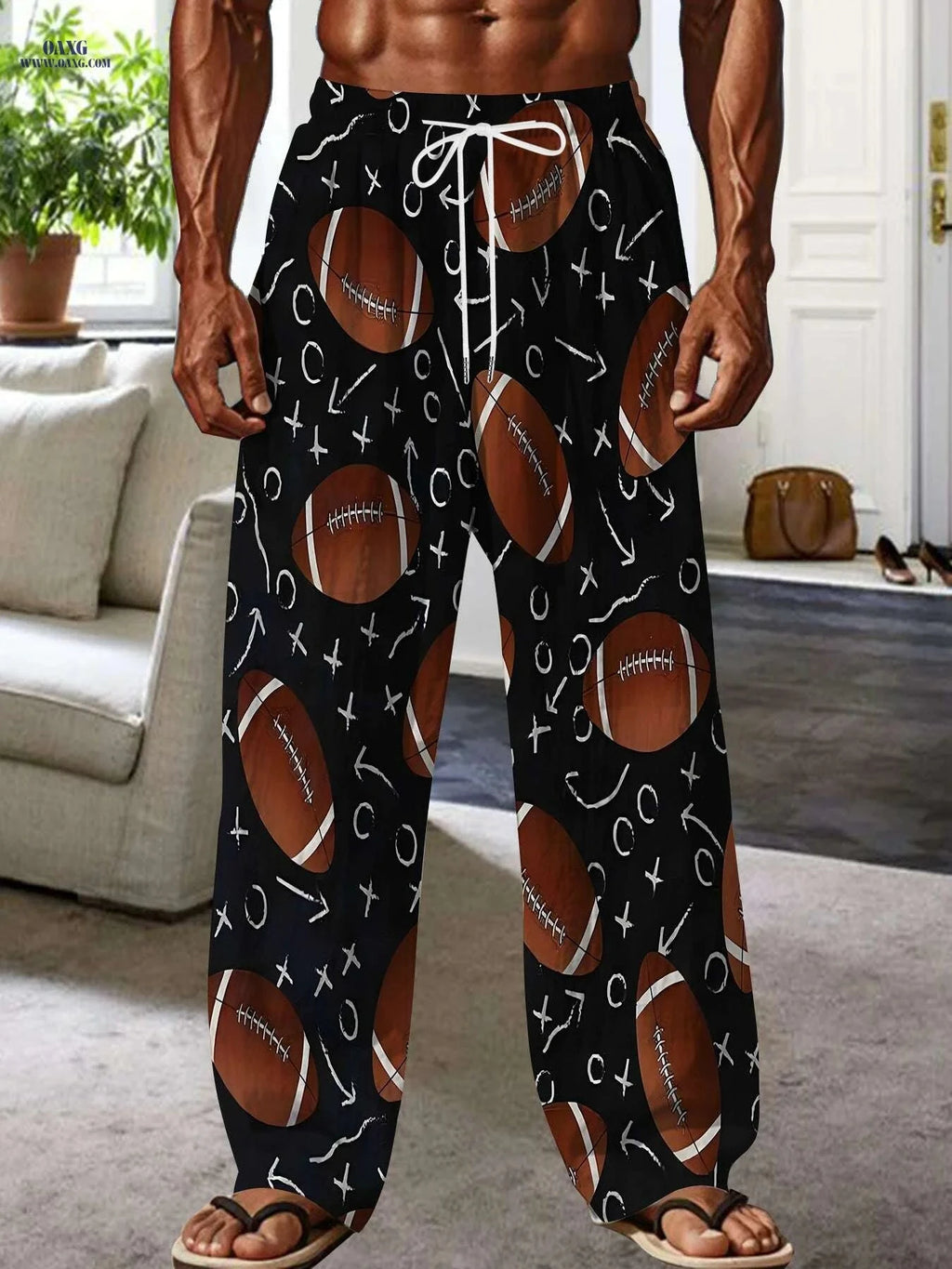 Men's Casual Loose-Fit Pants - All-Over Football Print, Machine Washable   OAXG 