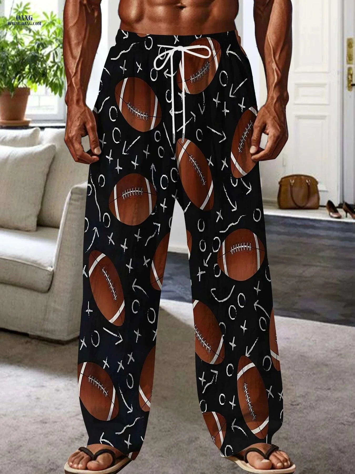 Men's Casual Loose-Fit Pants - All-Over Football Print, Machine Washable   OAXG 