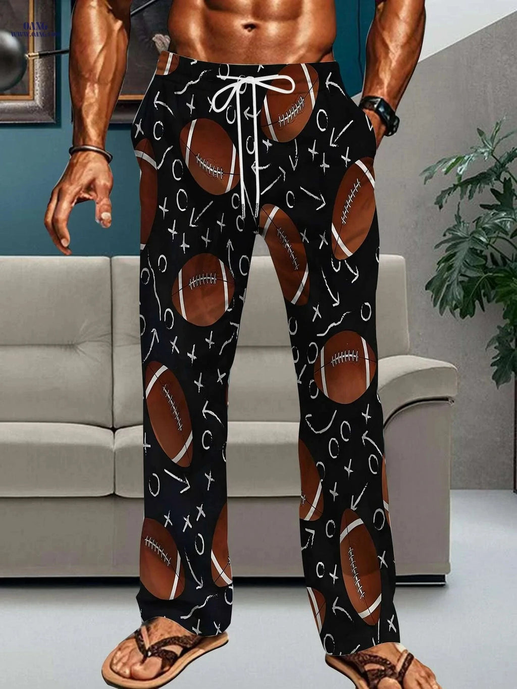 Men's Casual Loose-Fit Pants - All-Over Football Print, Machine Washable   OAXG Mixed Color / M