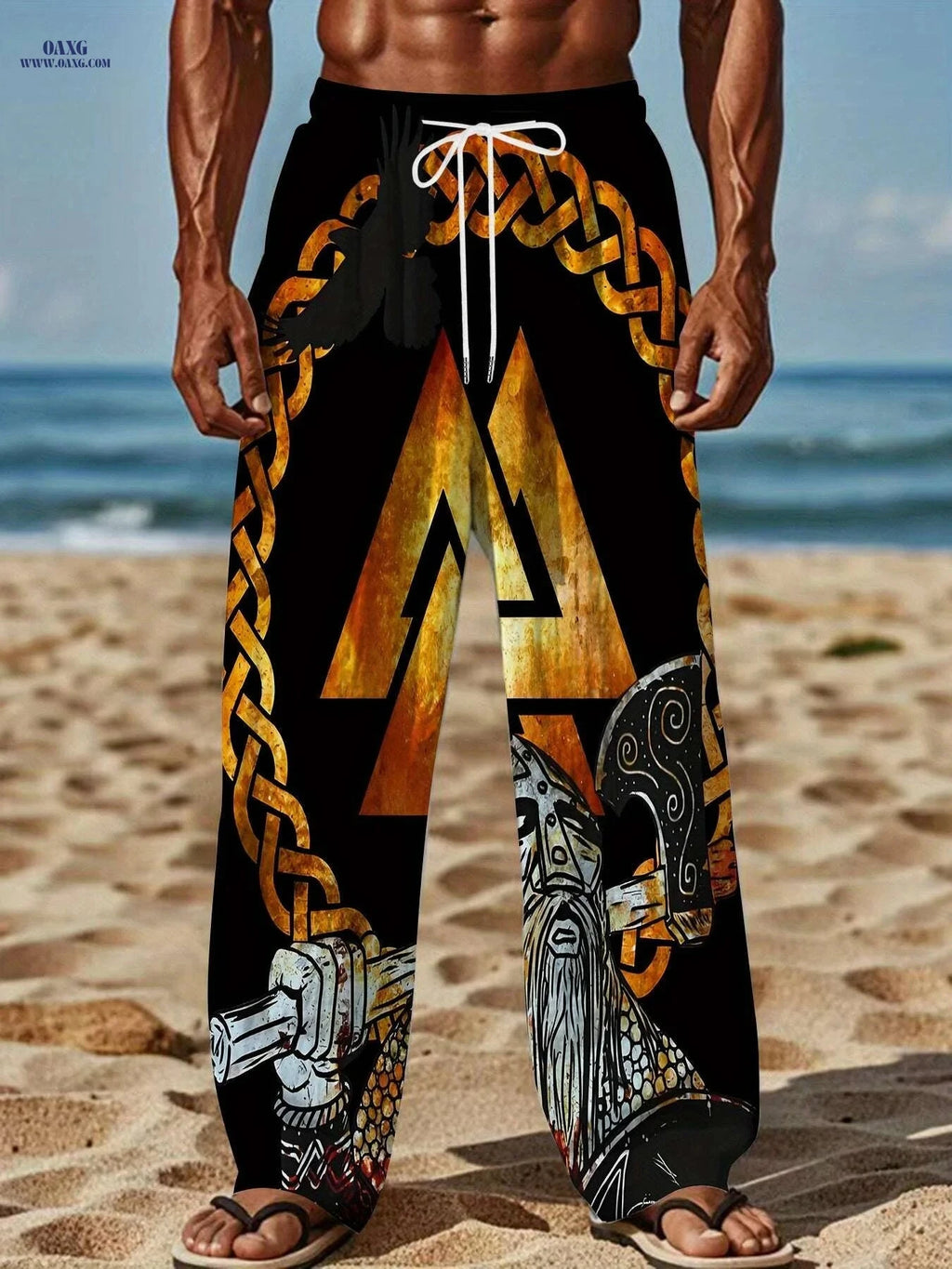 Men's Casual Loose-Fit Pants - Celtic Knot & Warrior Print, Black/Golden   OAXG Mixed Color / M