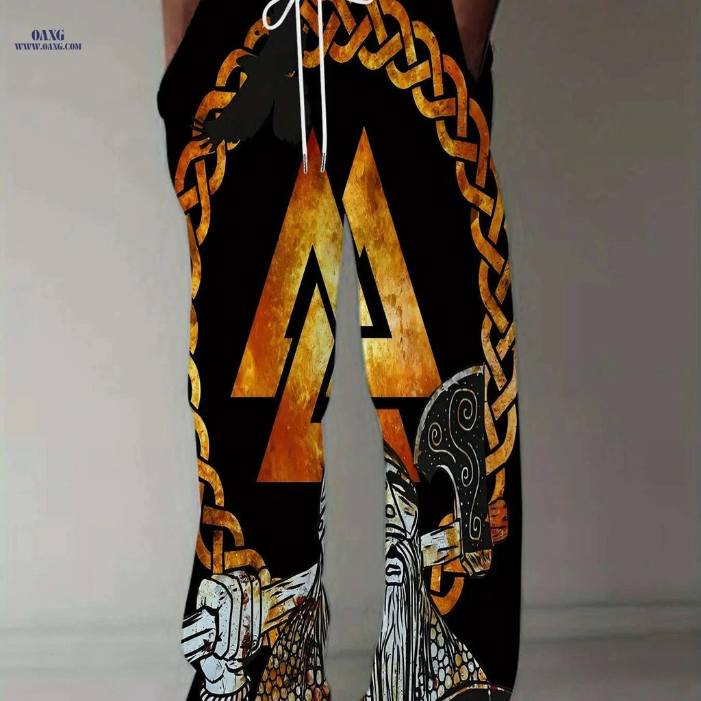 Men's Casual Loose-Fit Pants - Celtic Knot & Warrior Print, Black/Golden   OAXG Mixed Color / M