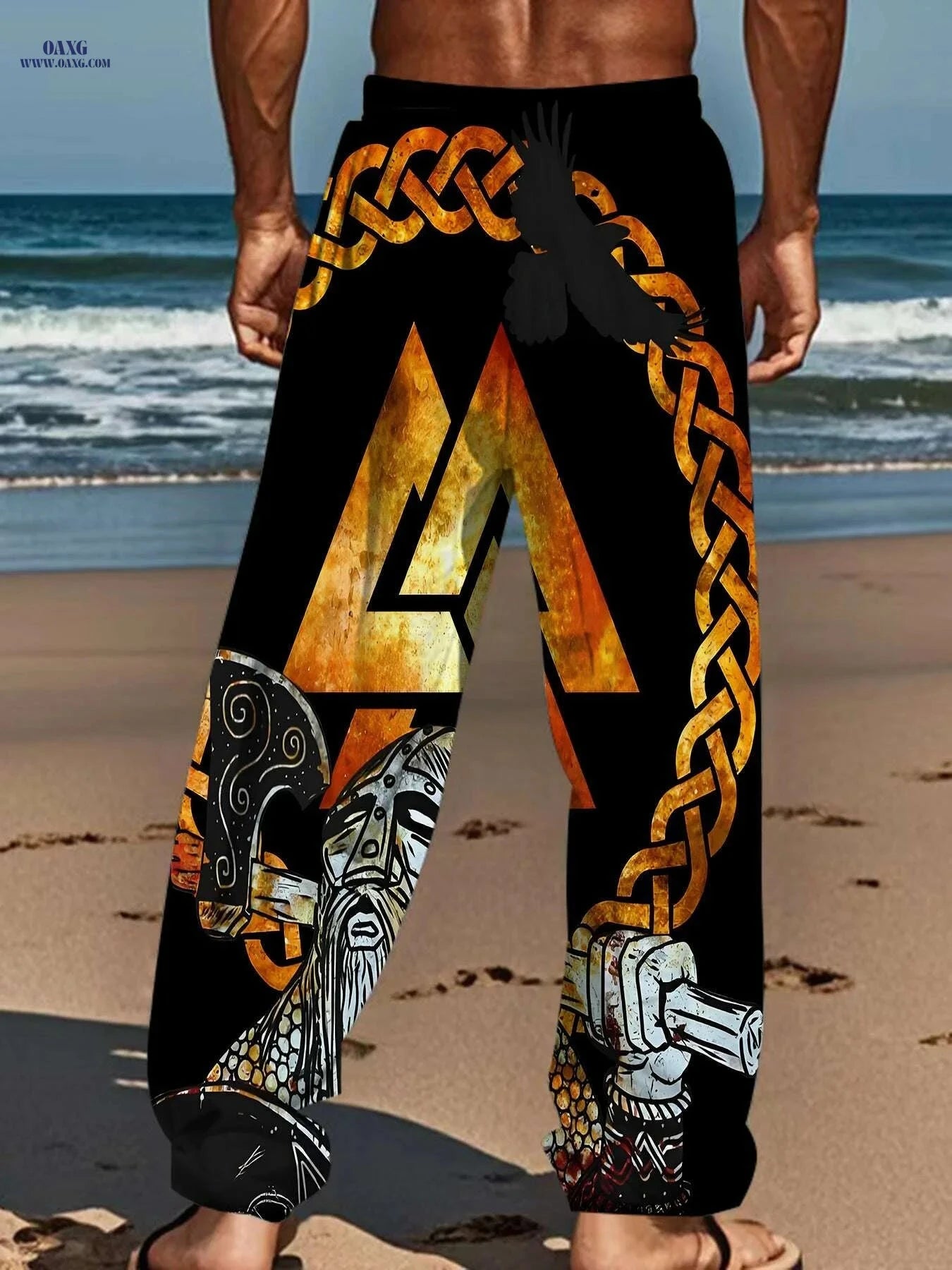Men's Casual Loose-Fit Pants - Celtic Knot & Warrior Print, Black/Golden   OAXG Mixed Color / M