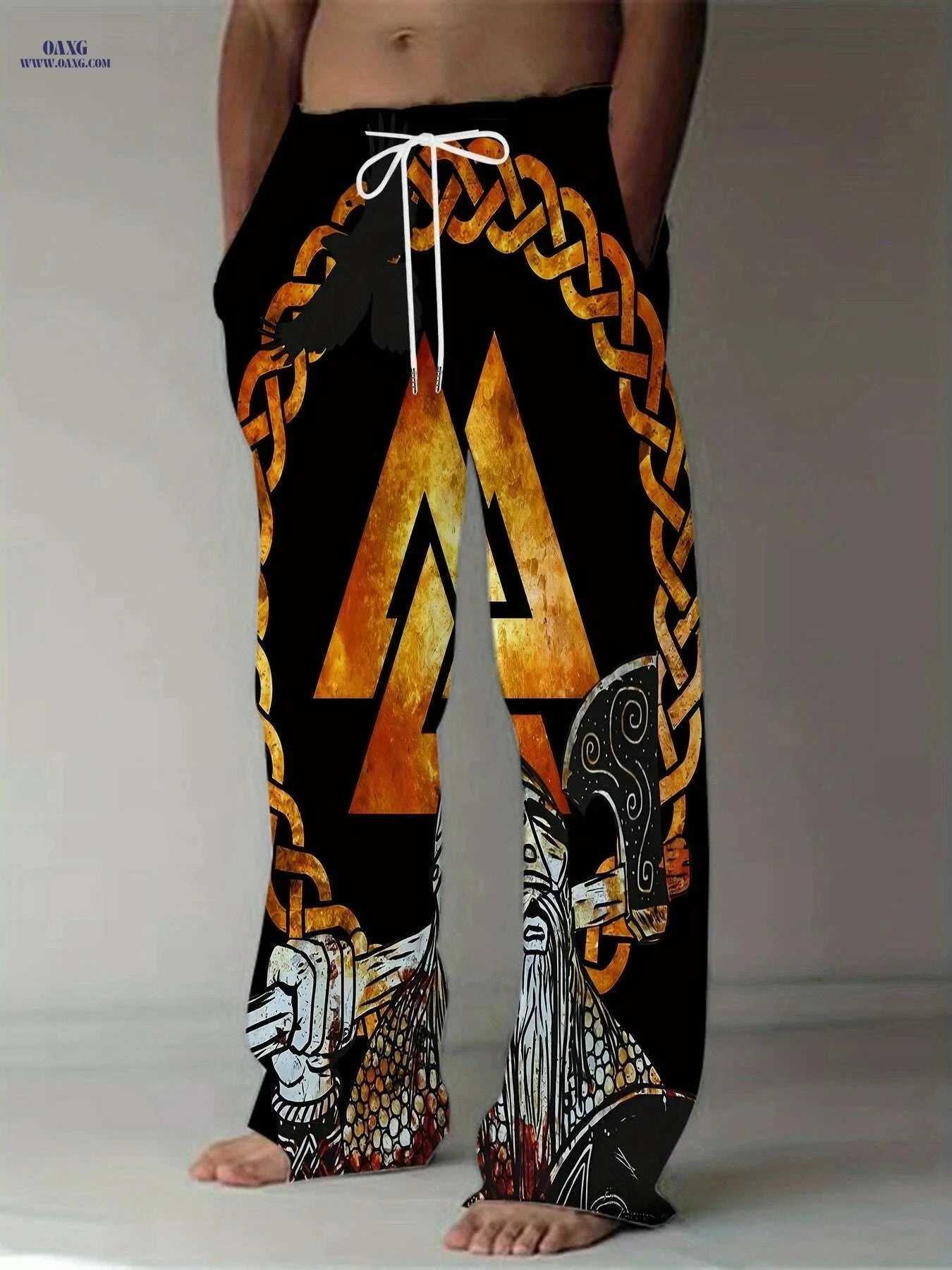 Men's Casual Loose-Fit Pants - Celtic Knot & Warrior Print, Black/Golden   OAXG Mixed Color / M