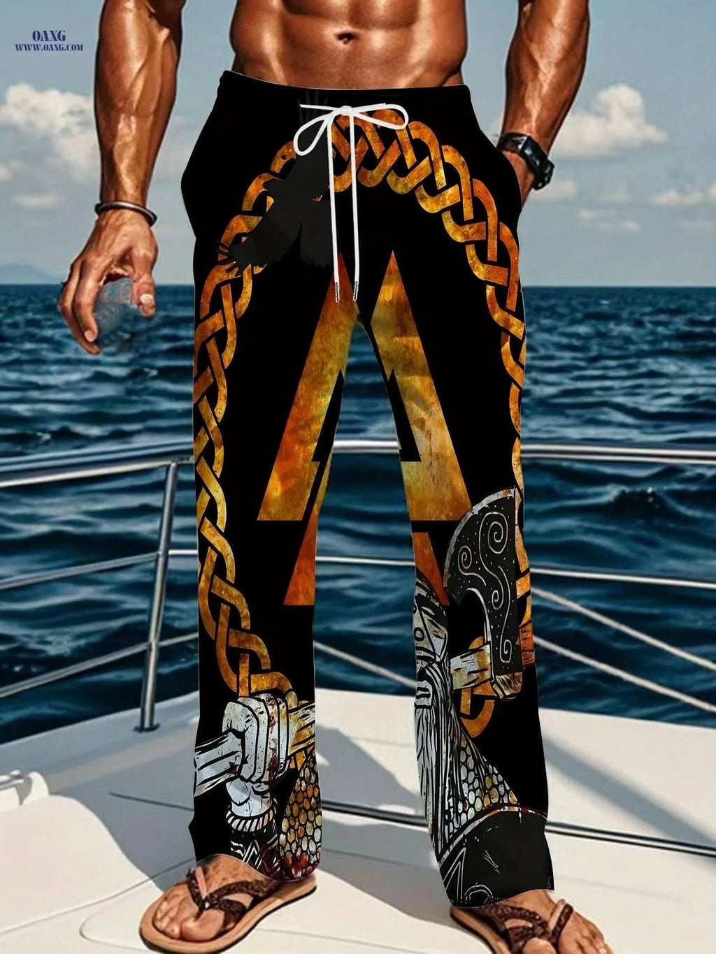 Men's Casual Loose-Fit Pants - Celtic Knot & Warrior Print, Black/Golden   OAXG 