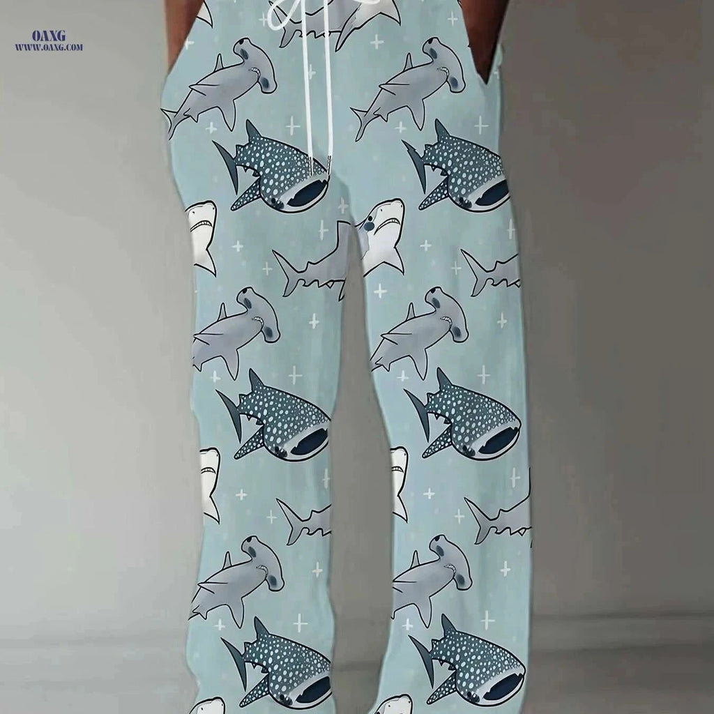 Men's Casual Loose-Fit Pants - Shark Print, All-Season Comfort   OAXG Powder blue / M