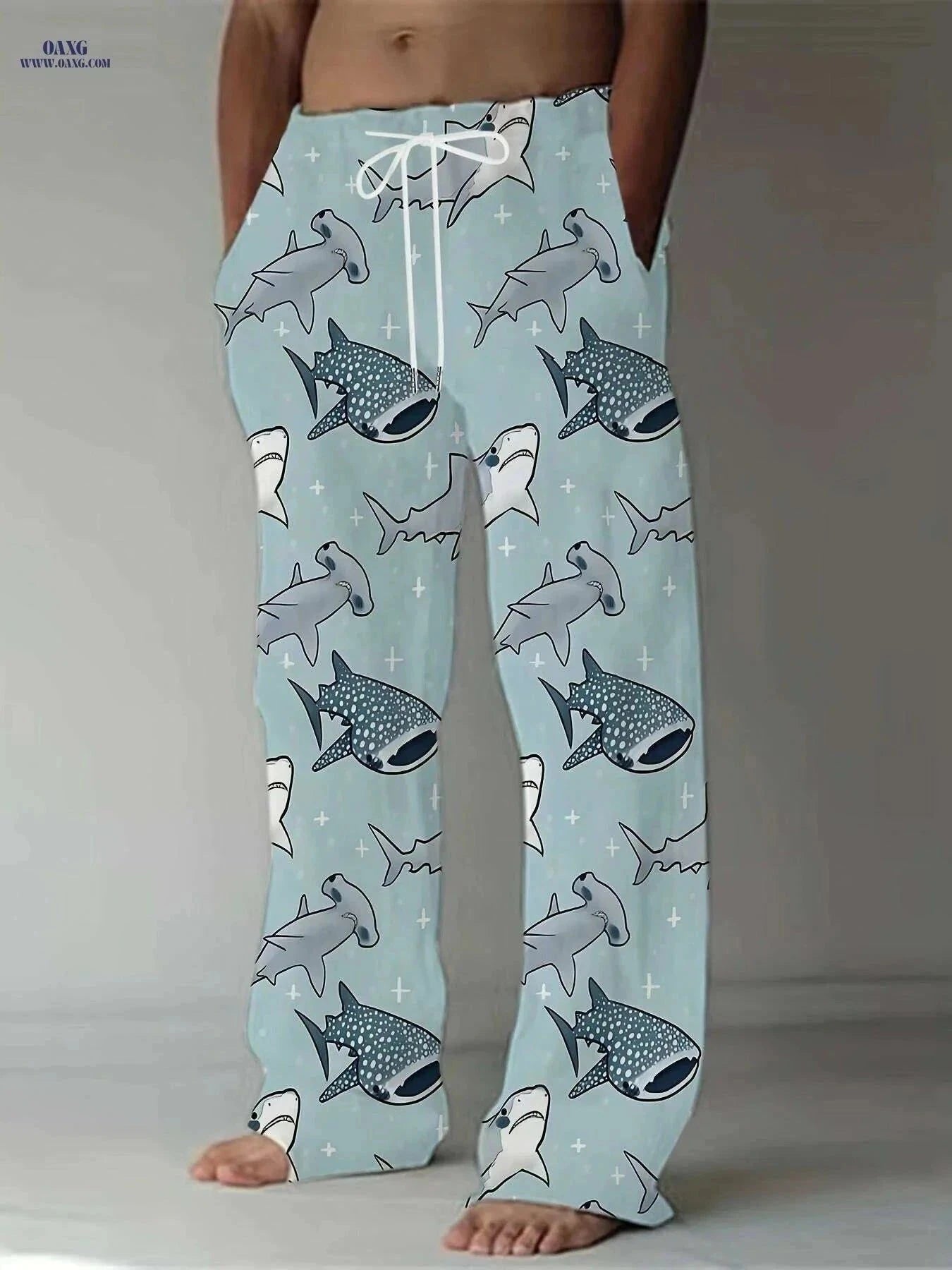 Men's Casual Loose-Fit Pants - Shark Print, All-Season Comfort   OAXG Powder blue / M