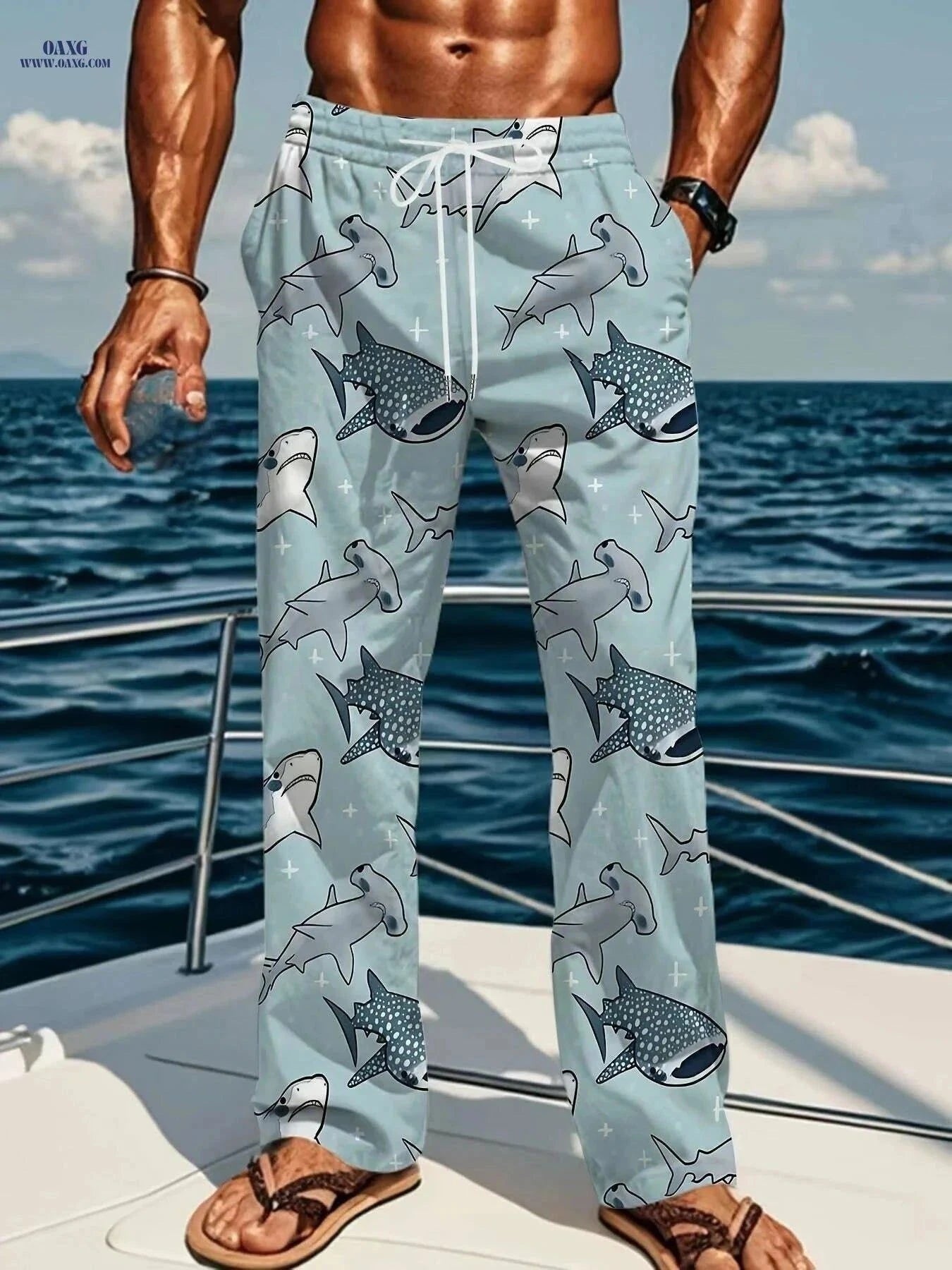 Men's Casual Loose-Fit Pants - Shark Print, All-Season Comfort   OAXG Powder blue / M
