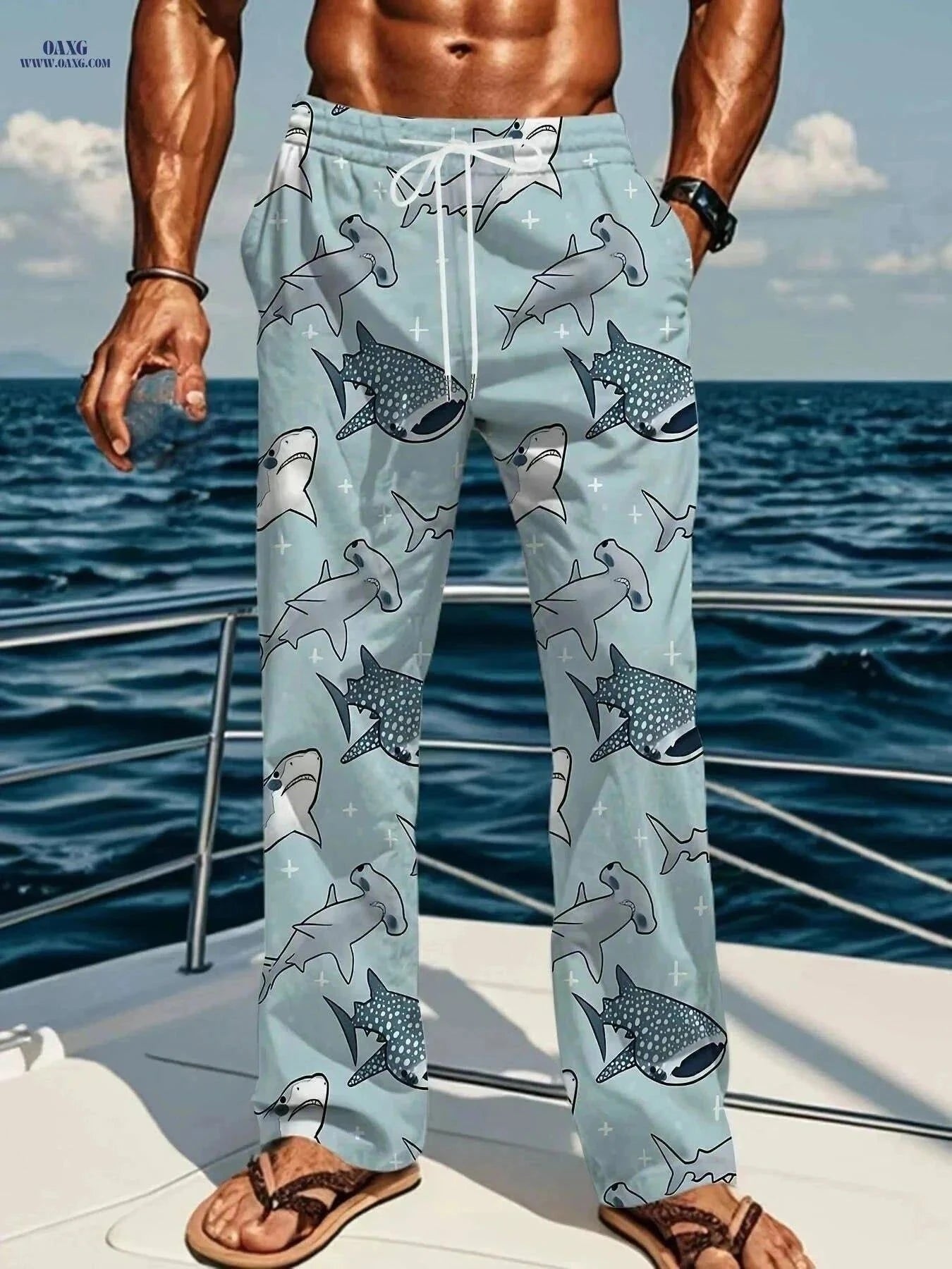 Men's Casual Loose-Fit Pants - Shark Print, All-Season Comfort   OAXG Powder blue / M