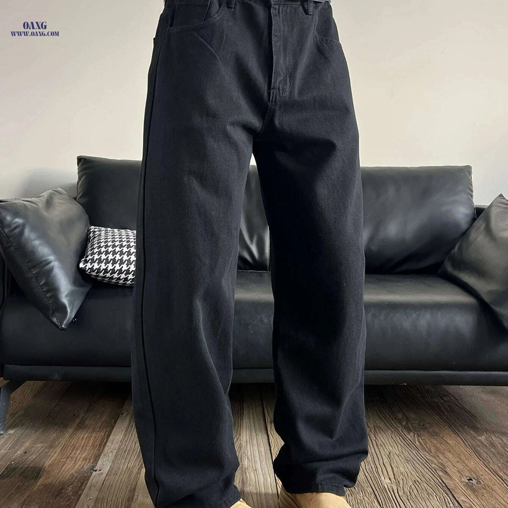 Men's Casual Loose-Fit Wide-Leg Faux Denim Pants - All-Season Comfort   OAXG Black / XS