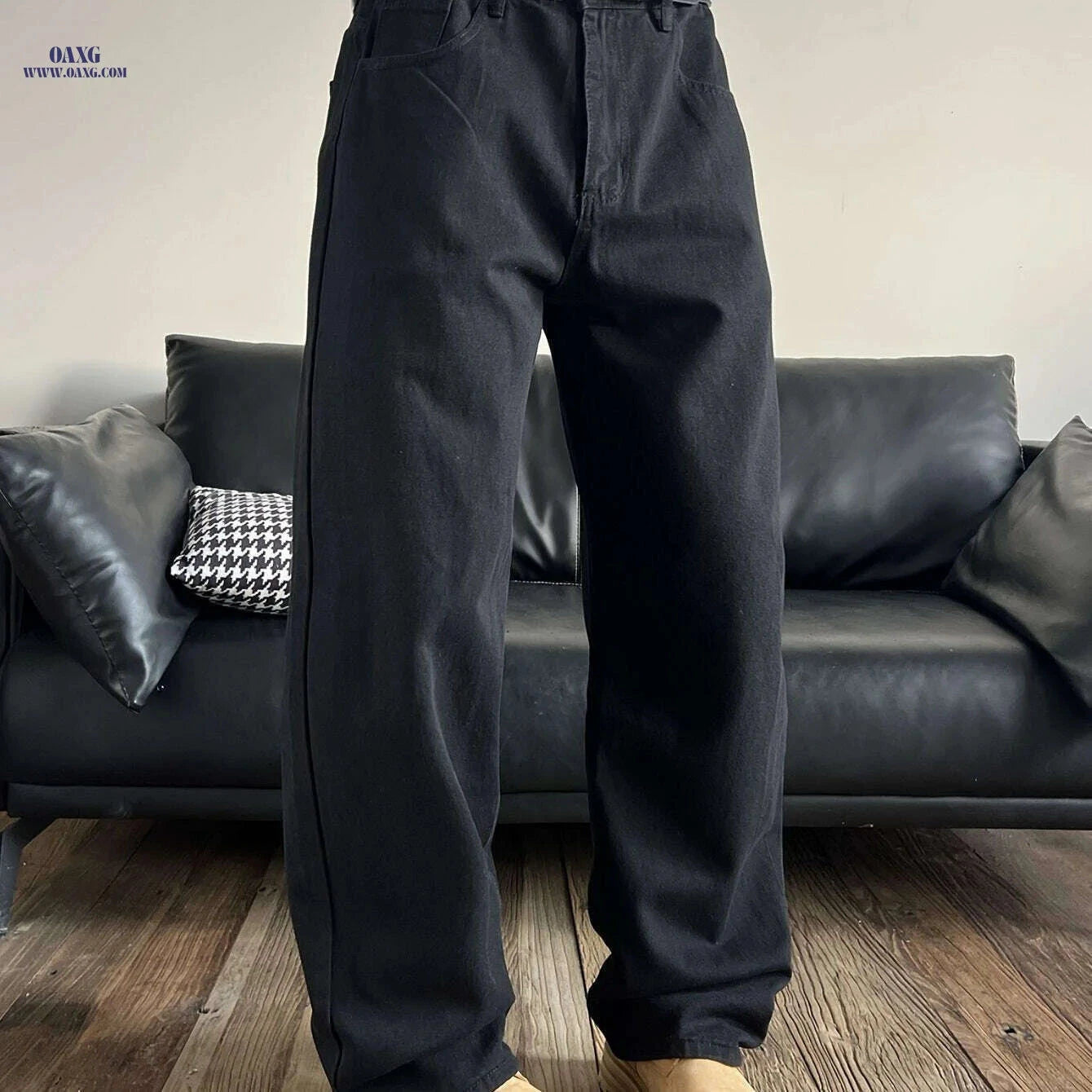 Men's Casual Loose-Fit Wide-Leg Faux Denim Pants - All-Season Comfort   OAXG Black / XS