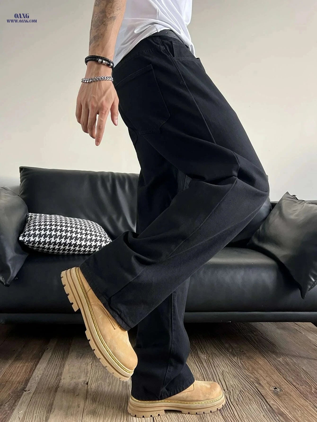 Men's Casual Loose-Fit Wide-Leg Faux Denim Pants - All-Season Comfort   OAXG Black / XS