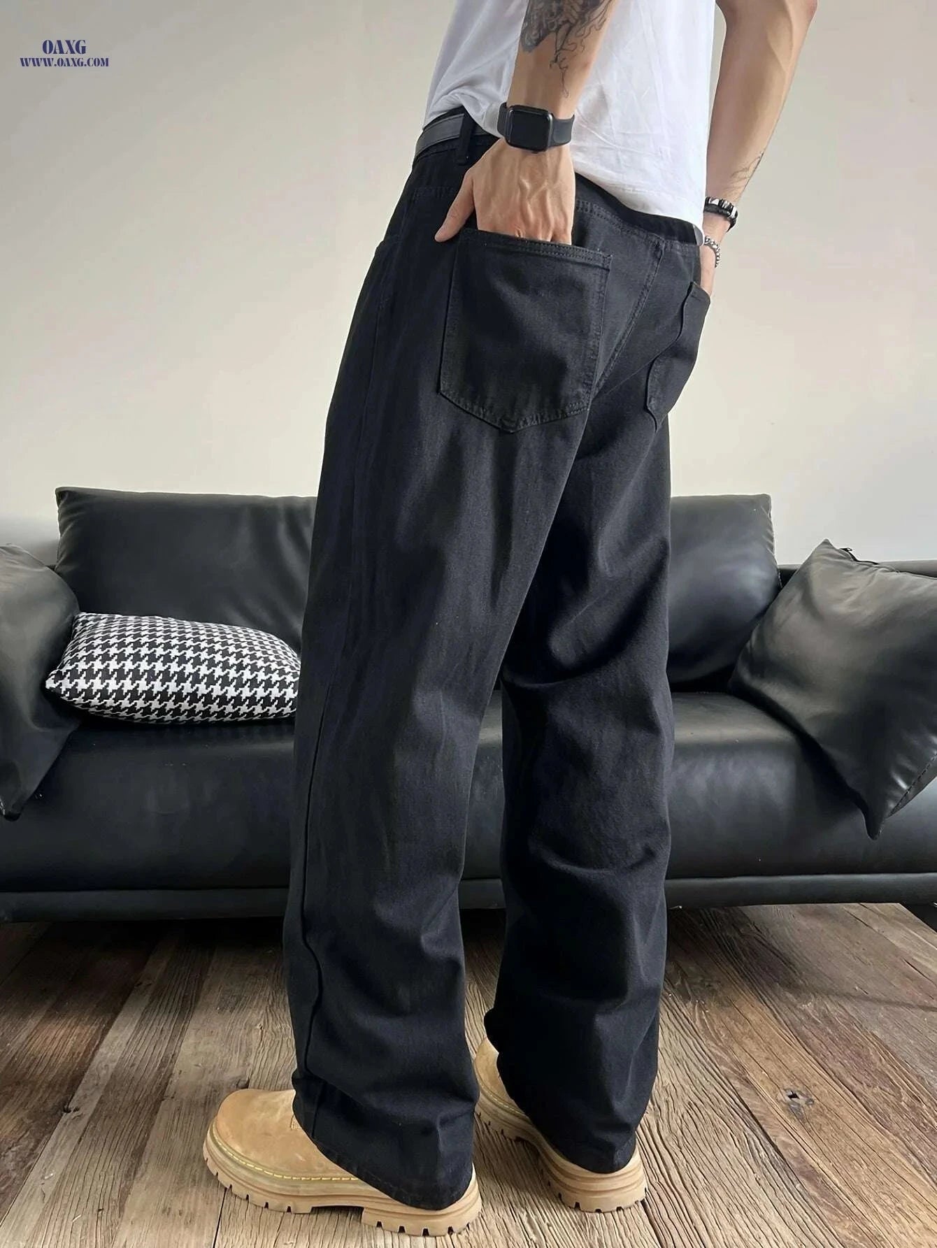 Men's Casual Loose-Fit Wide-Leg Faux Denim Pants - All-Season Comfort   OAXG Black / XS