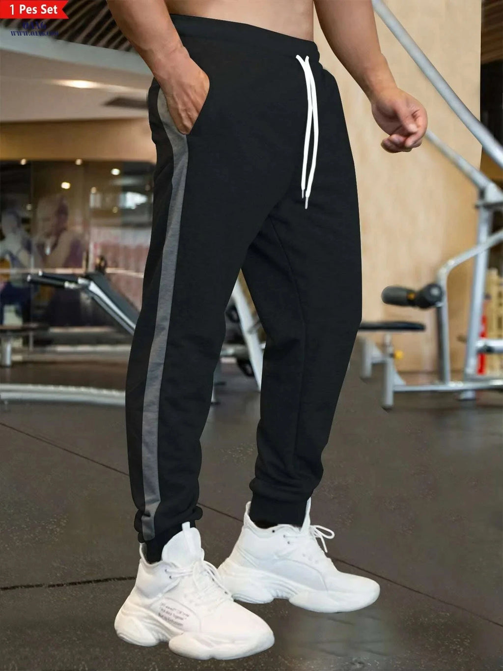 Men's Casual Loose-Fitting Sports Pants - Patchwork Design, Spring/Fall   OAXG Black / S