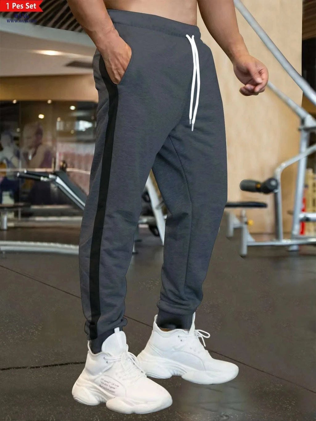Men's Casual Loose-Fitting Sports Pants - Patchwork Design, Spring/Fall   OAXG Black / S