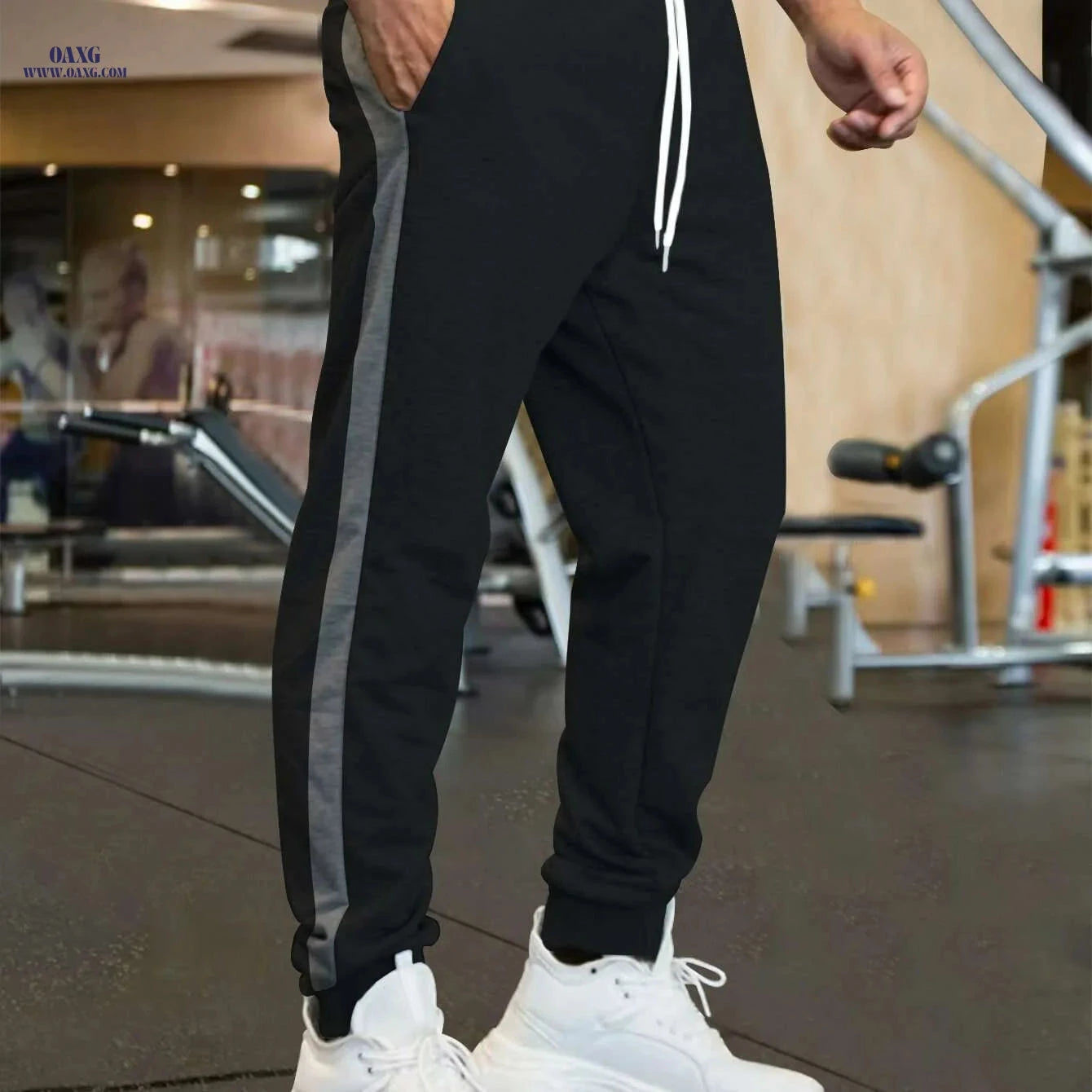 Men's Casual Loose-Fitting Sports Pants - Patchwork Design, Spring/Fall   OAXG Black / S