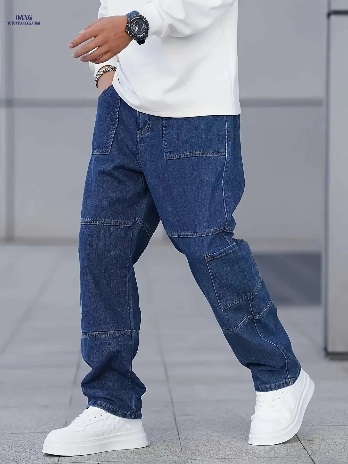 Men's Casual Loose Straight Cargo Pants - Multi-Pocket Denim Style   OAXG Navy Blue / XS