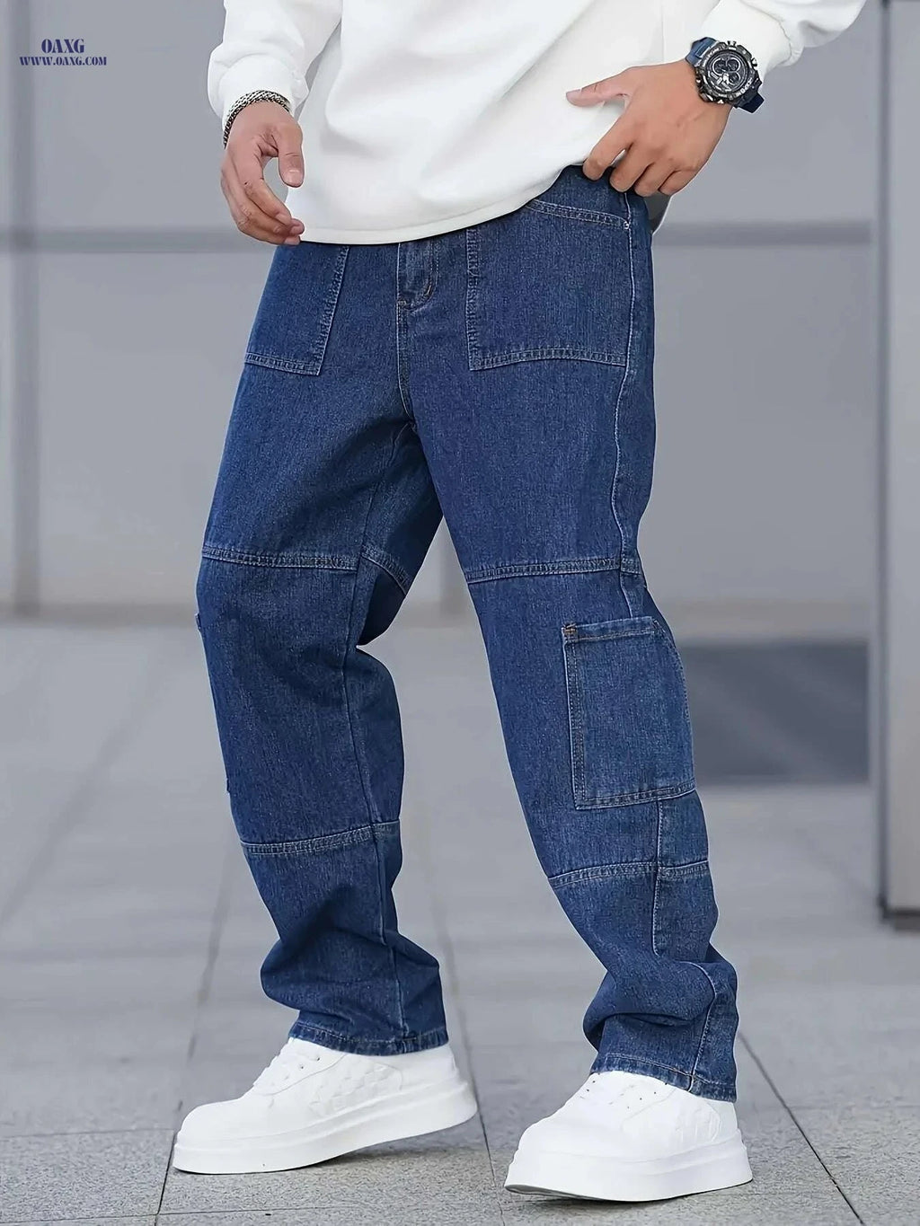Men's Casual Loose Straight Cargo Pants - Multi-Pocket Denim Style   OAXG Navy Blue / XS