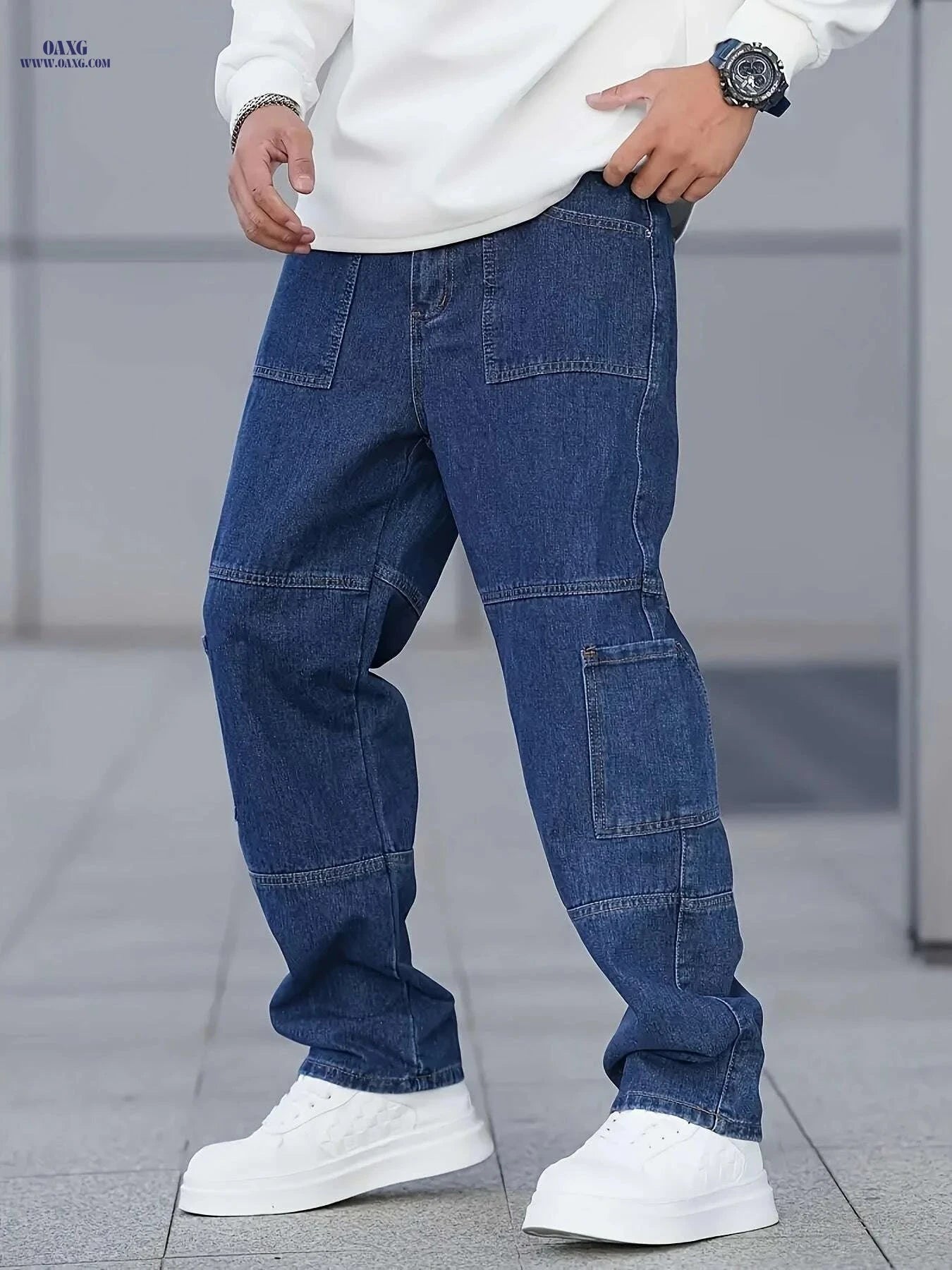 Men's Casual Loose Straight Cargo Pants - Multi-Pocket Denim Style   OAXG Navy Blue / XS