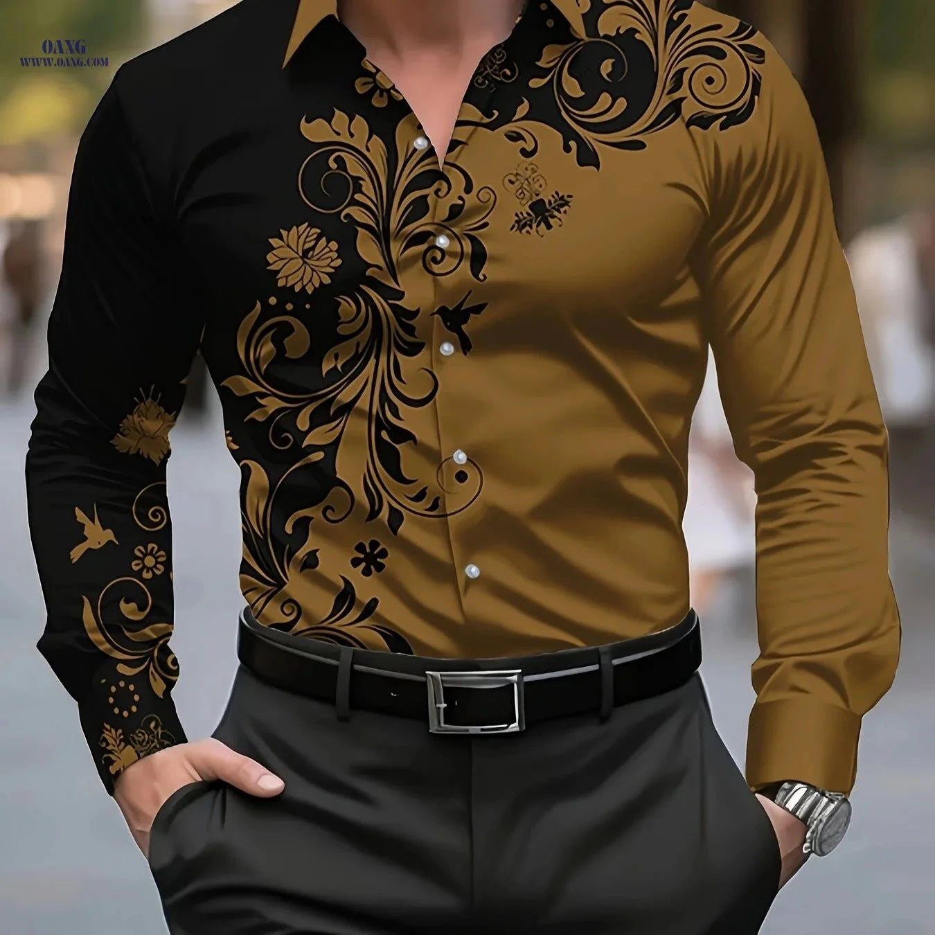 Men's Casual Novelty Dress Shirt - Creative Print Pattern, Polyester   OAXG 