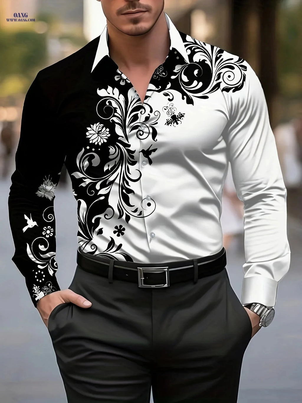 Men's Casual Novelty Dress Shirt - Creative Print Pattern, Polyester   OAXG Mixed colors / FR S