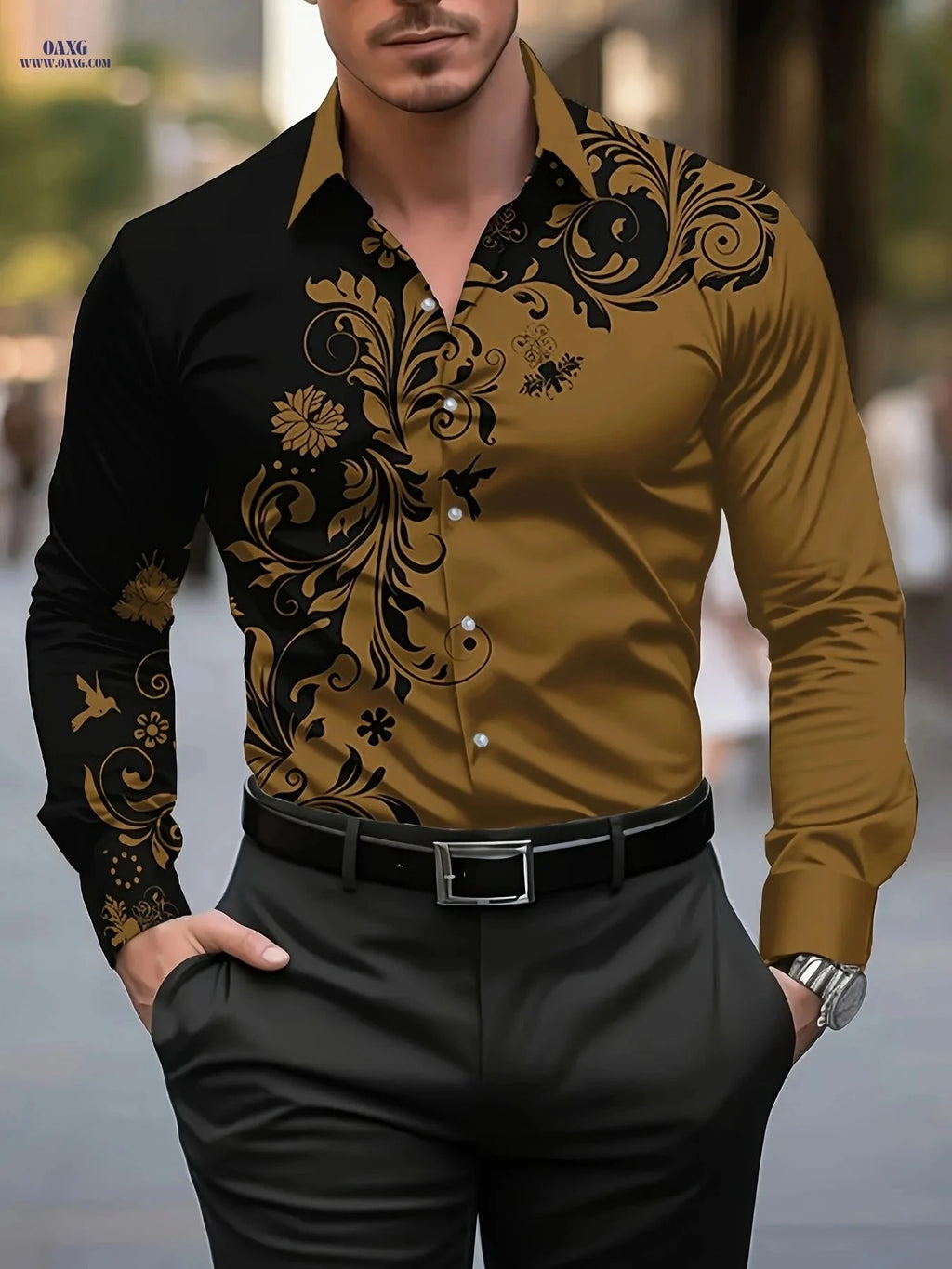 Men's Casual Novelty Dress Shirt - Creative Print Pattern, Polyester   OAXG Mixed colors / FR S