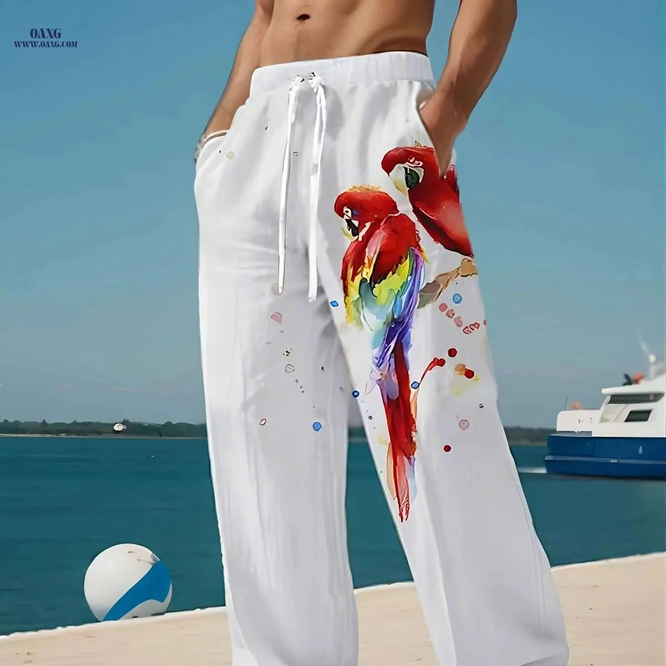 Men's Casual Parrots Print Beach Pants - Lightweight Drawstring Trousers   OAXG Mixed Color / M