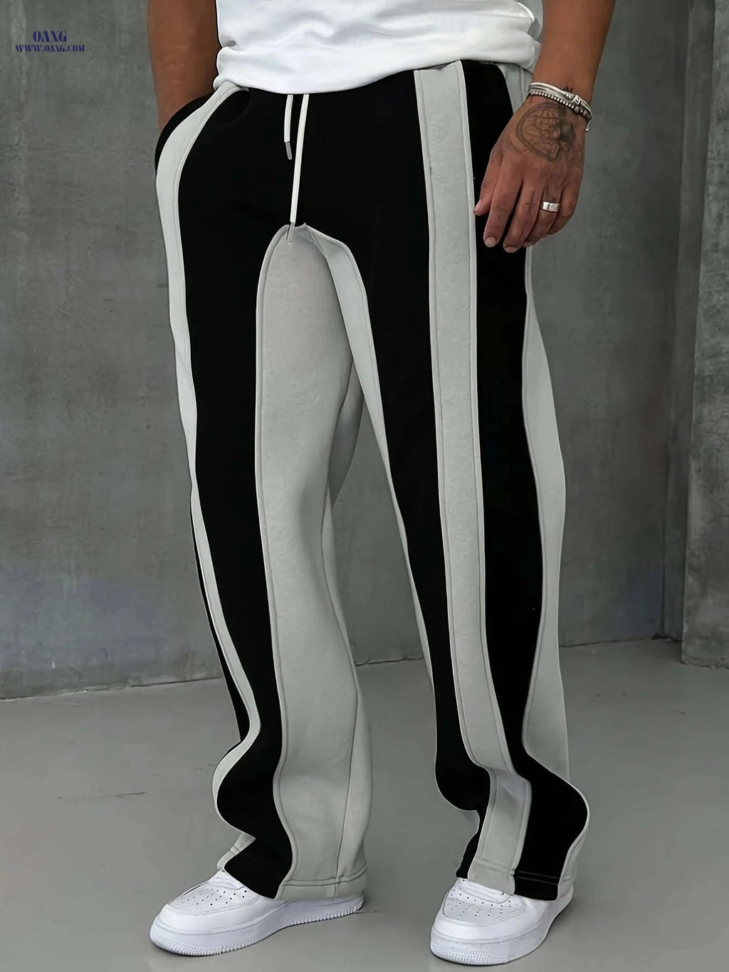Men's Casual Patchwork Knitted Trousers - Elastic Waist, All-Season Fit   OAXG 