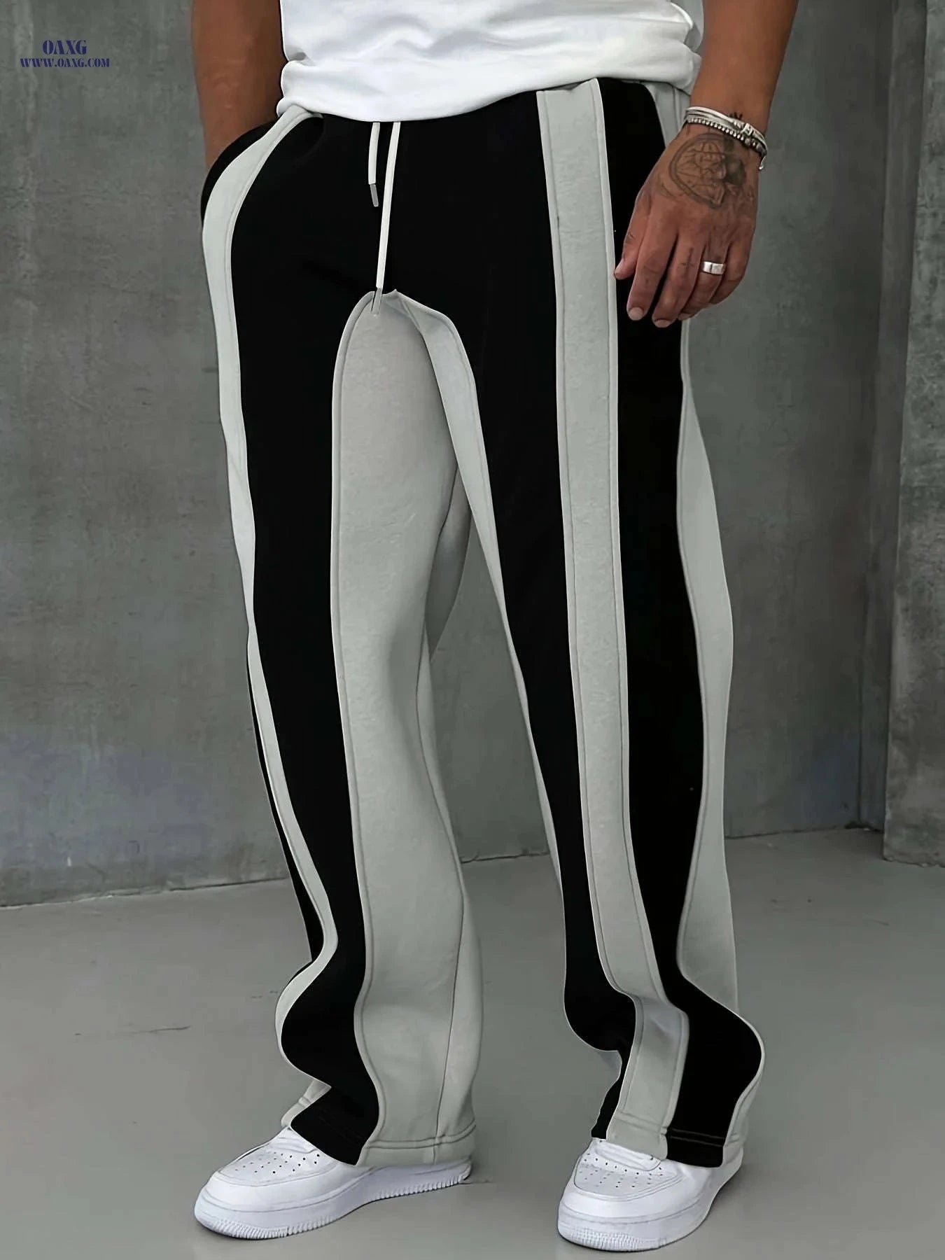 Men's Casual Patchwork Knitted Trousers - Elastic Waist, All-Season Fit   OAXG 