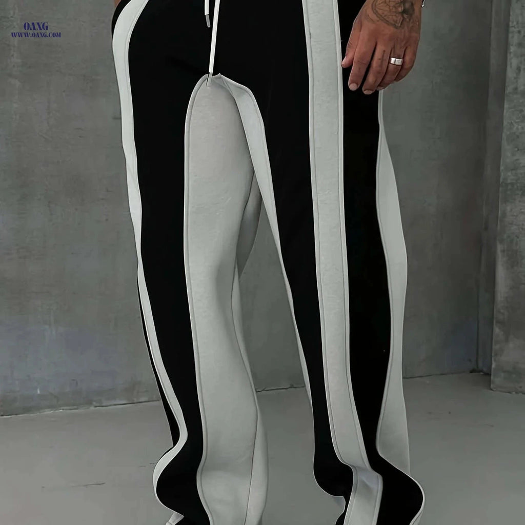 Men's Casual Patchwork Knitted Trousers - Elastic Waist, All-Season Fit   OAXG Black And Grey / FR S