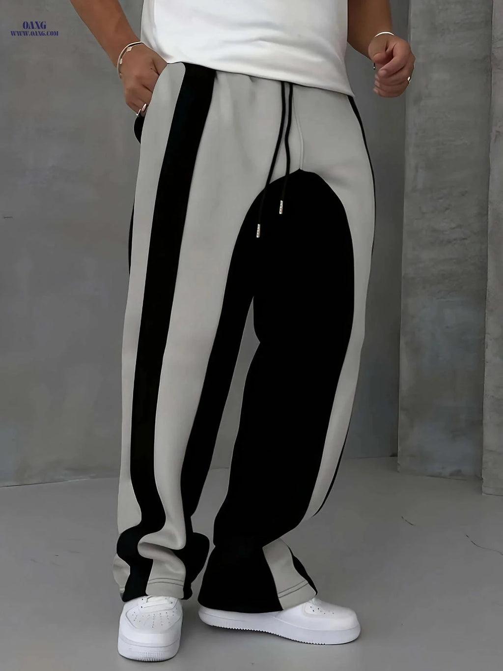 Men's Casual Patchwork Knitted Trousers - Elastic Waist, All-Season Fit   OAXG Black And Grey / FR S
