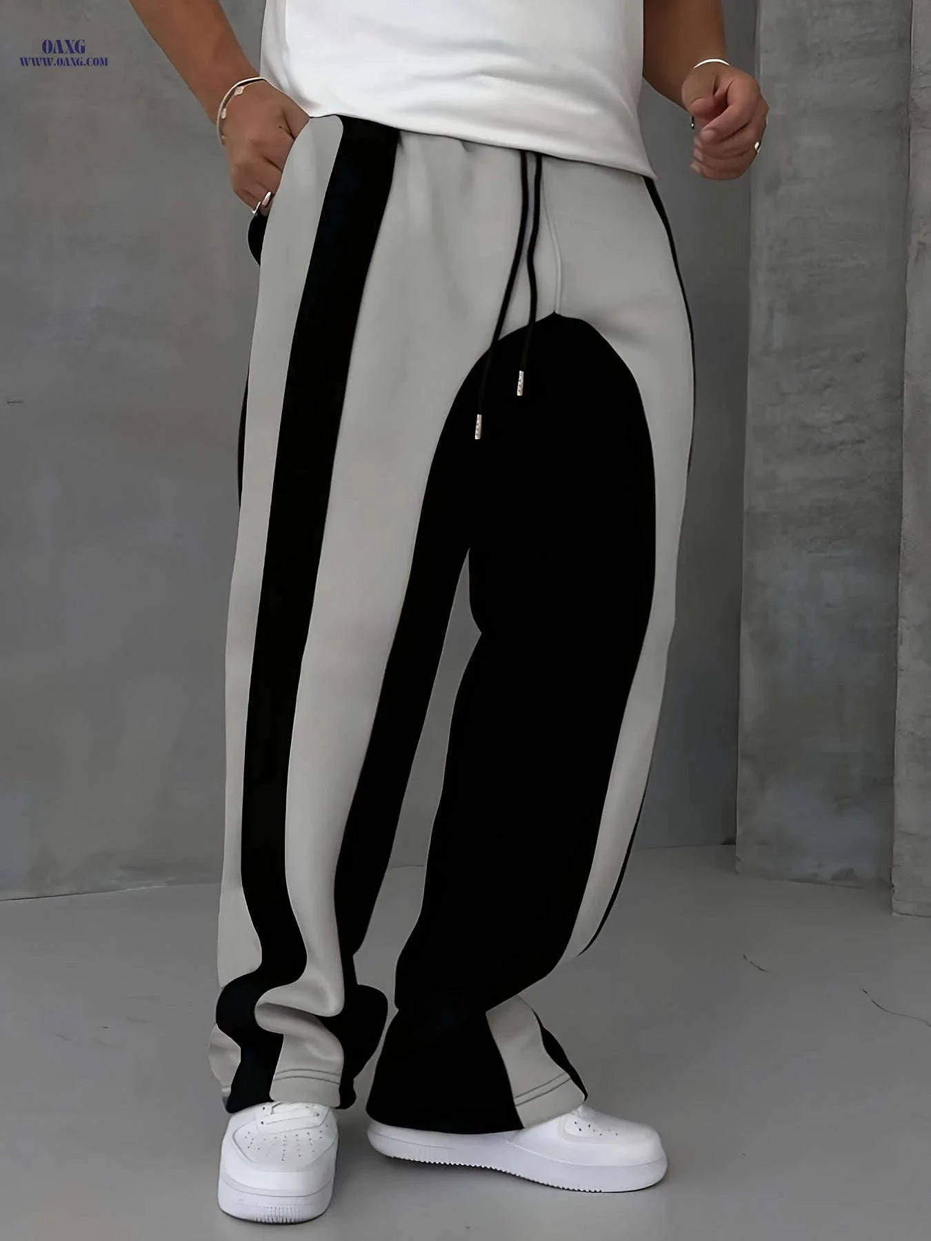 Men's Casual Patchwork Knitted Trousers - Elastic Waist, All-Season Fit   OAXG Black And Grey / FR S