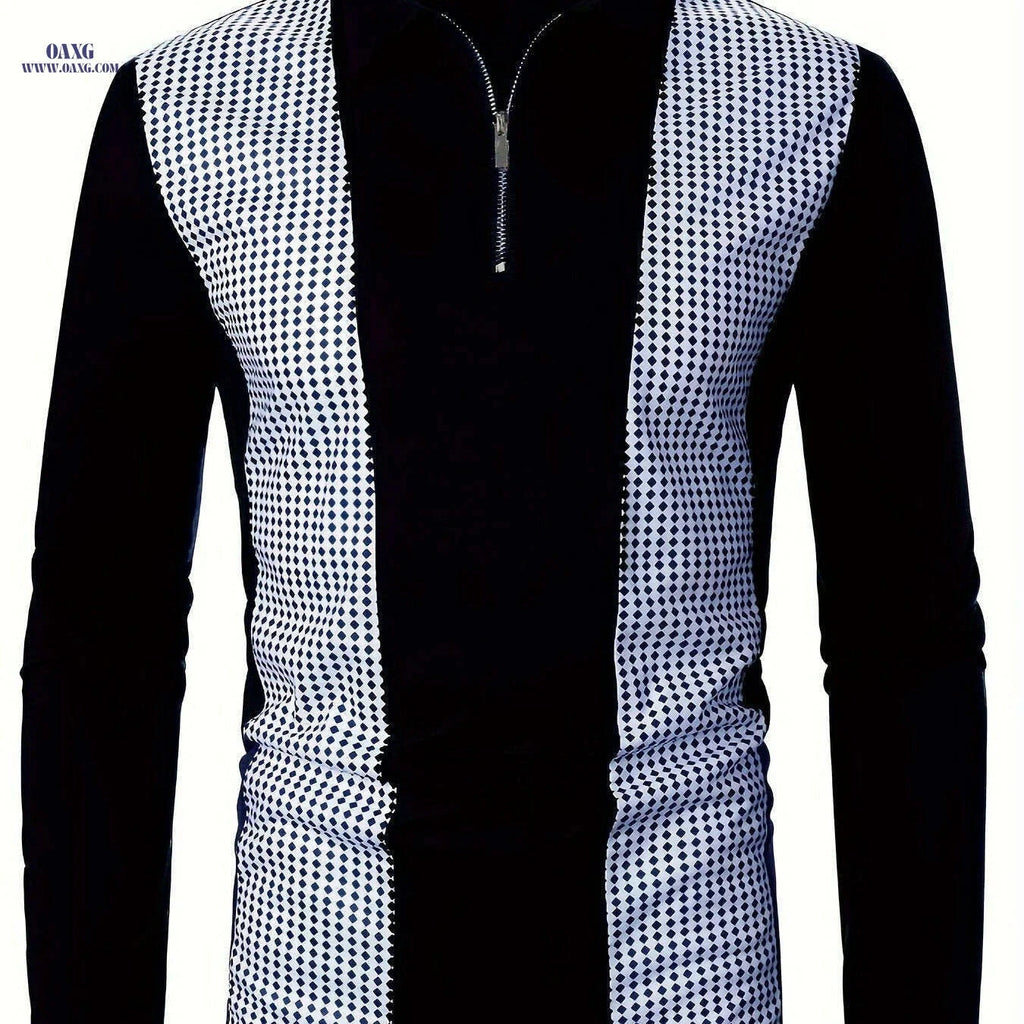 Men's Casual Patchwork Shirt - Long Sleeve Stylish Geometric Design   OAXG 