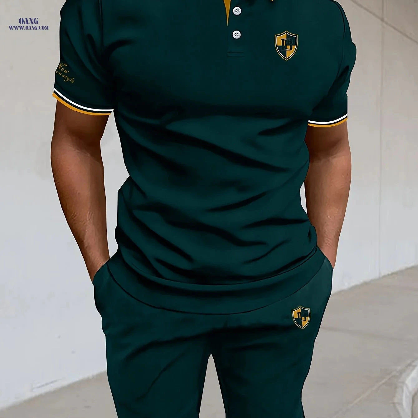 Men's Casual Pique Mesh Polo Set - Short Sleeve Letter Design   OAXG 
