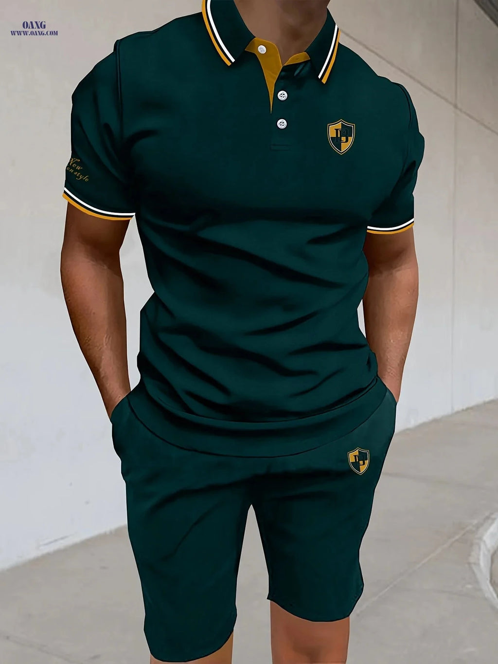 Men's Casual Pique Mesh Polo Set - Short Sleeve Letter Design   OAXG 