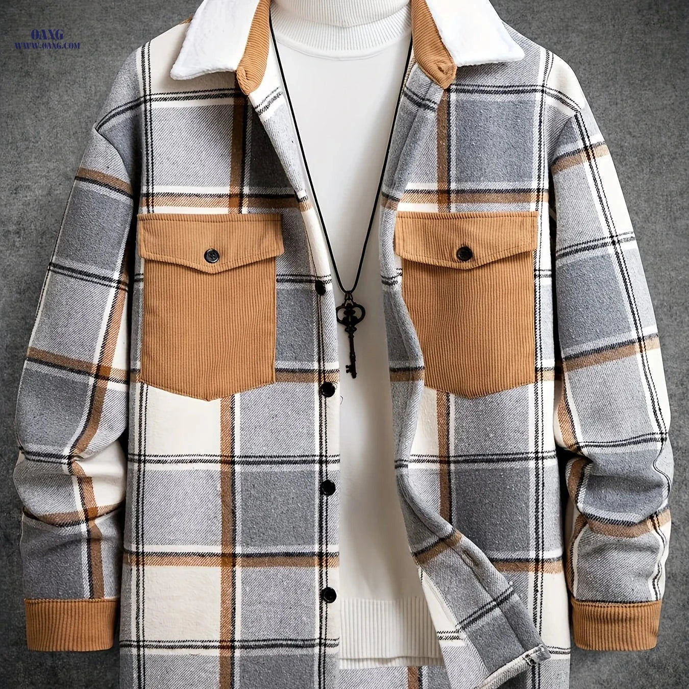 Men's Casual Plaid Jacket - Comfortable Spring/Fall Wear   OAXG Apricot / FR S