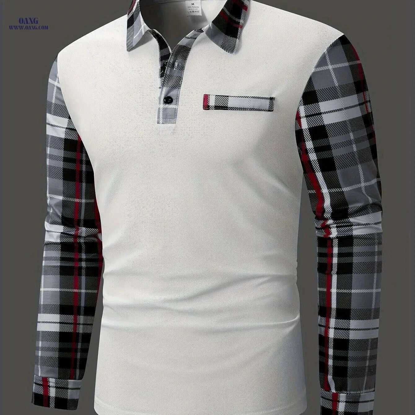 Men's Casual Plaid Long Sleeve Shirt - Polyester Button-Up for Fall   OAXG White / S